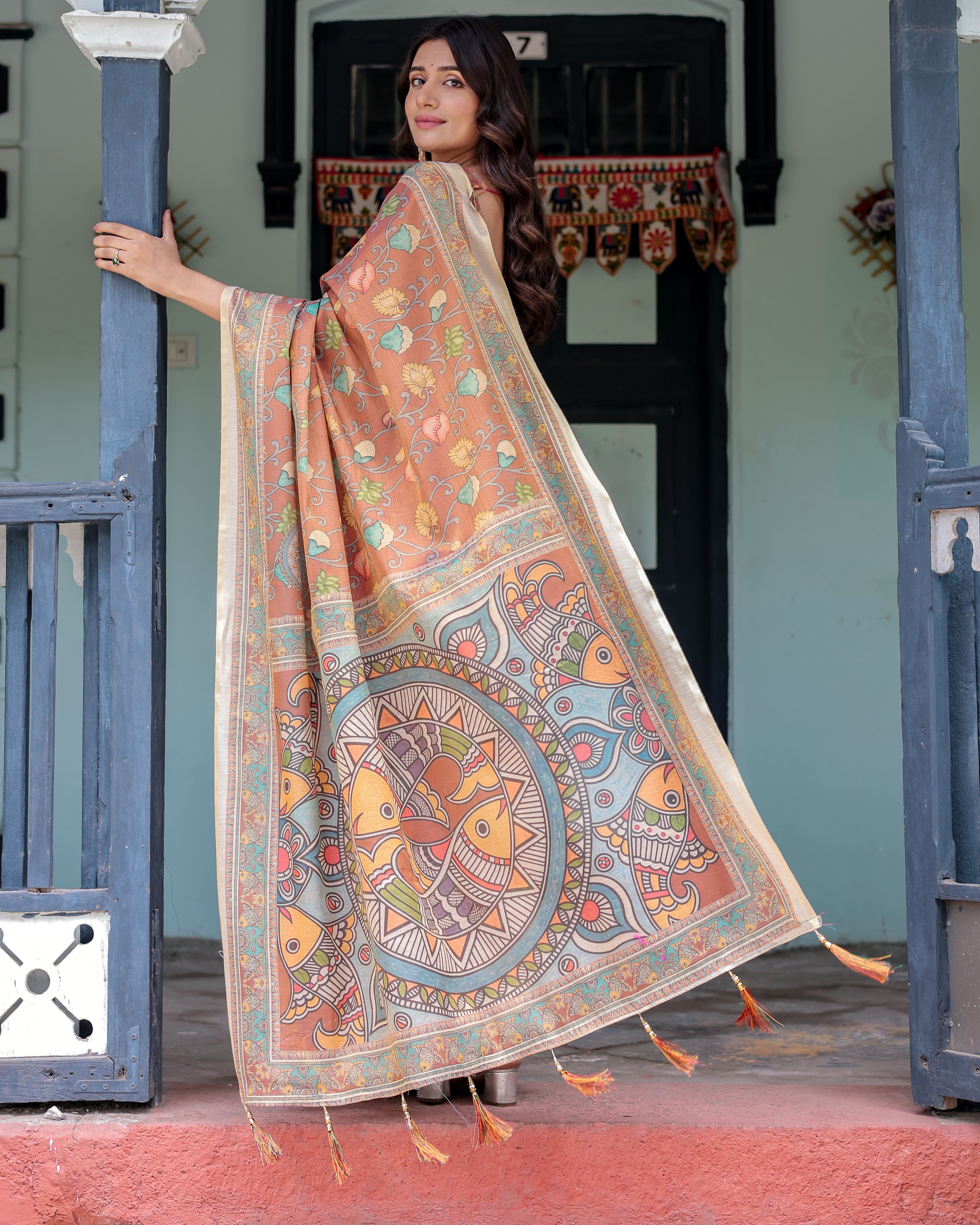 Terracotta Handloom Cotton Saree with Blooming Floral Print & Madhubani Fish Pallu