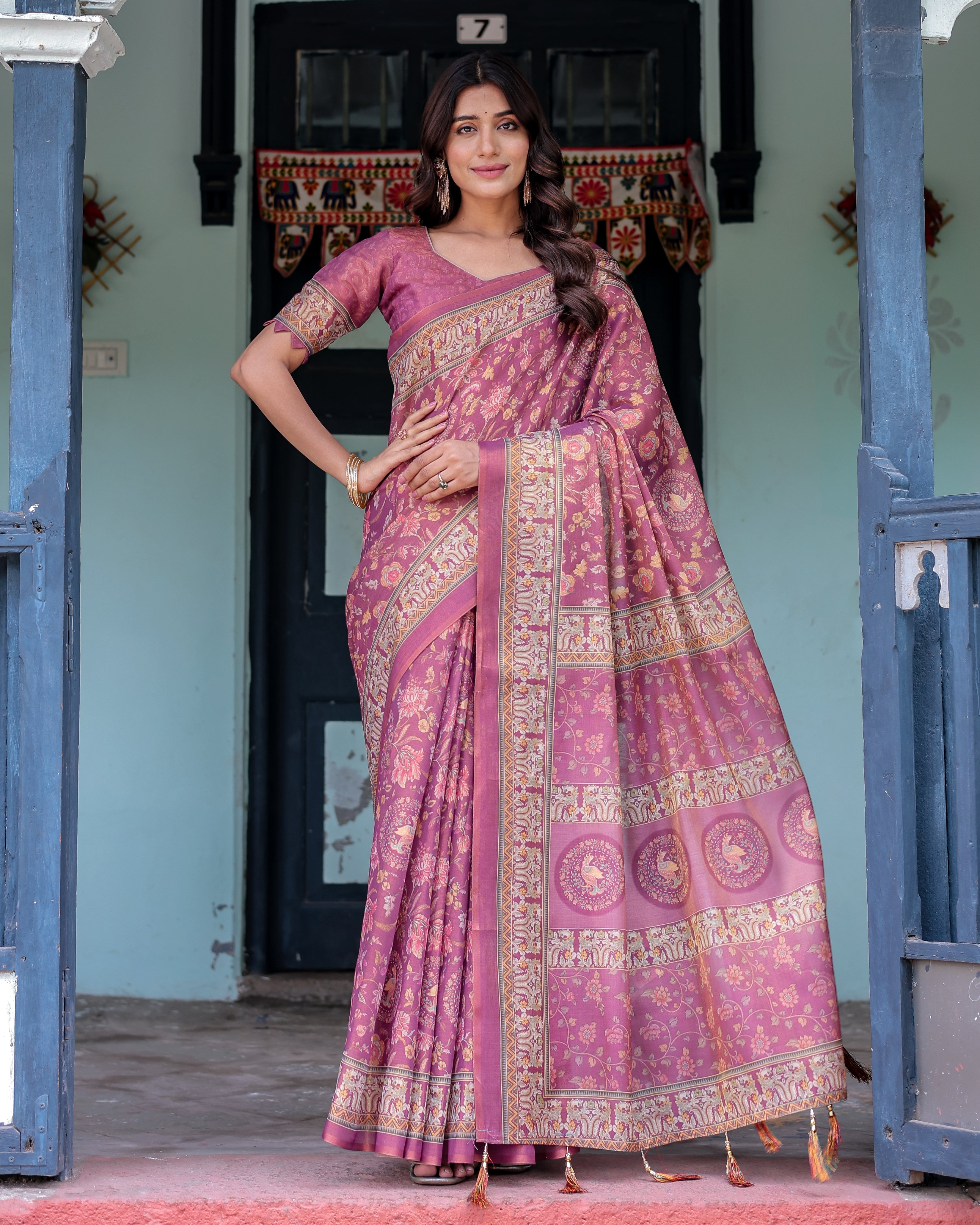 Plum Rose Handloom Cotton Saree with Floral Buttas & Traditional Peacock Medallion Pallu