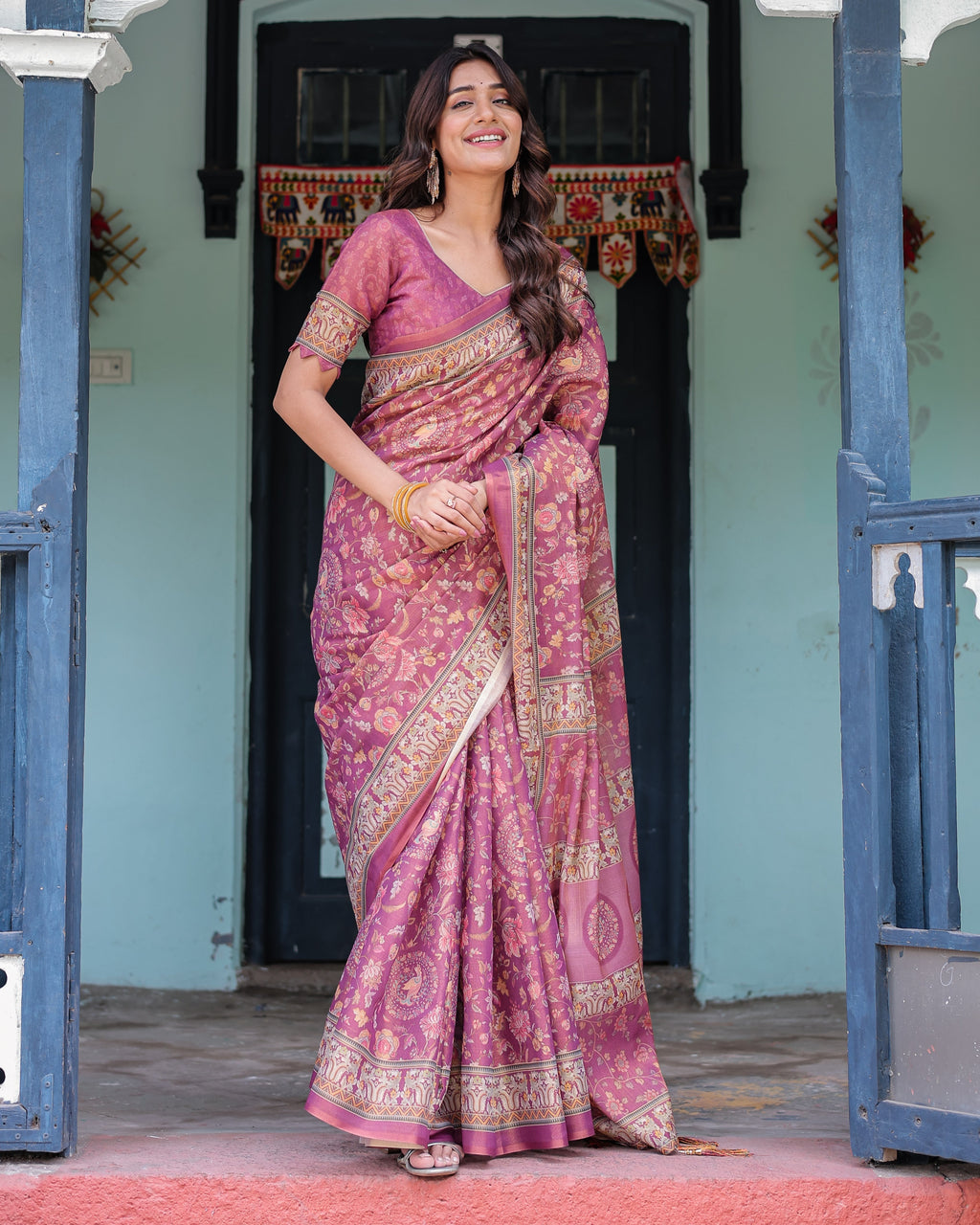 Plum Rose Handloom Cotton Saree with Floral Buttas & Traditional Peacock Medallion Pallu