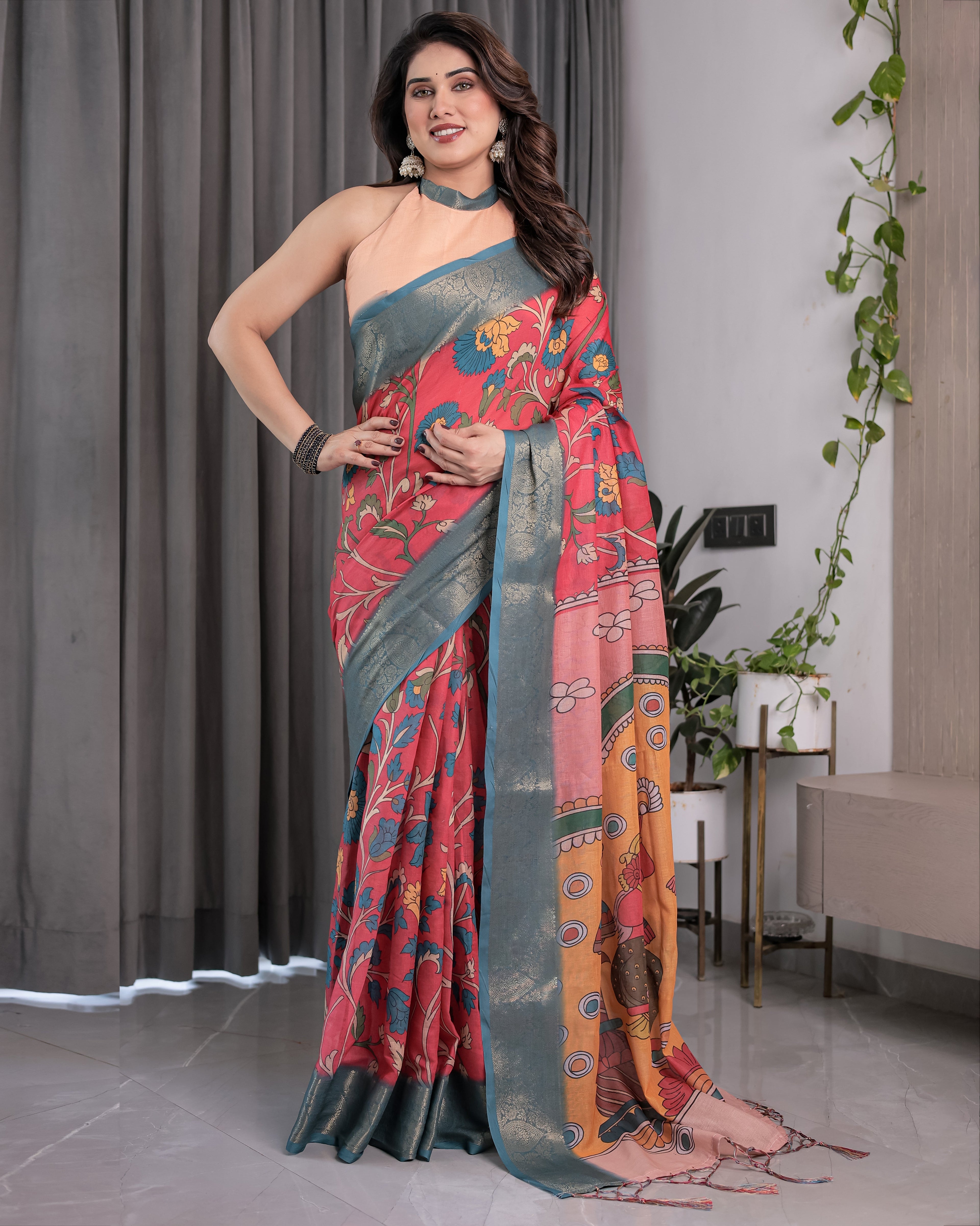 Multicolor Handloom Cotton Saree with Rajasthani Folk Dance Digital Print & Contrast Zari Border | Artistic Cultural Drape | 5.5m Saree + 0.8m Blouse