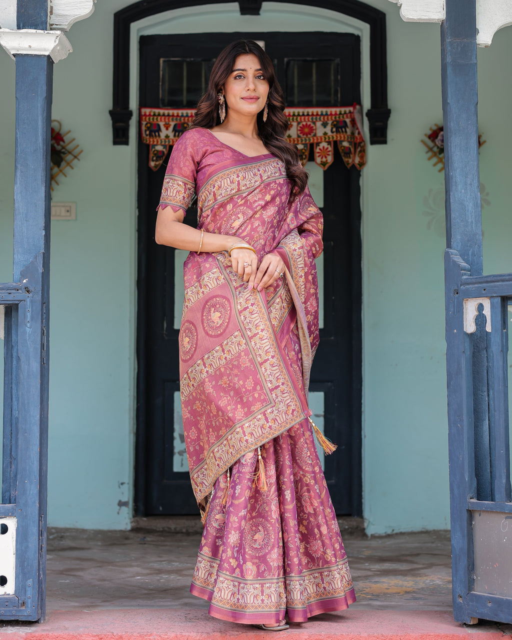 Plum Rose Handloom Cotton Saree with Floral Buttas & Traditional Peacock Medallion Pallu