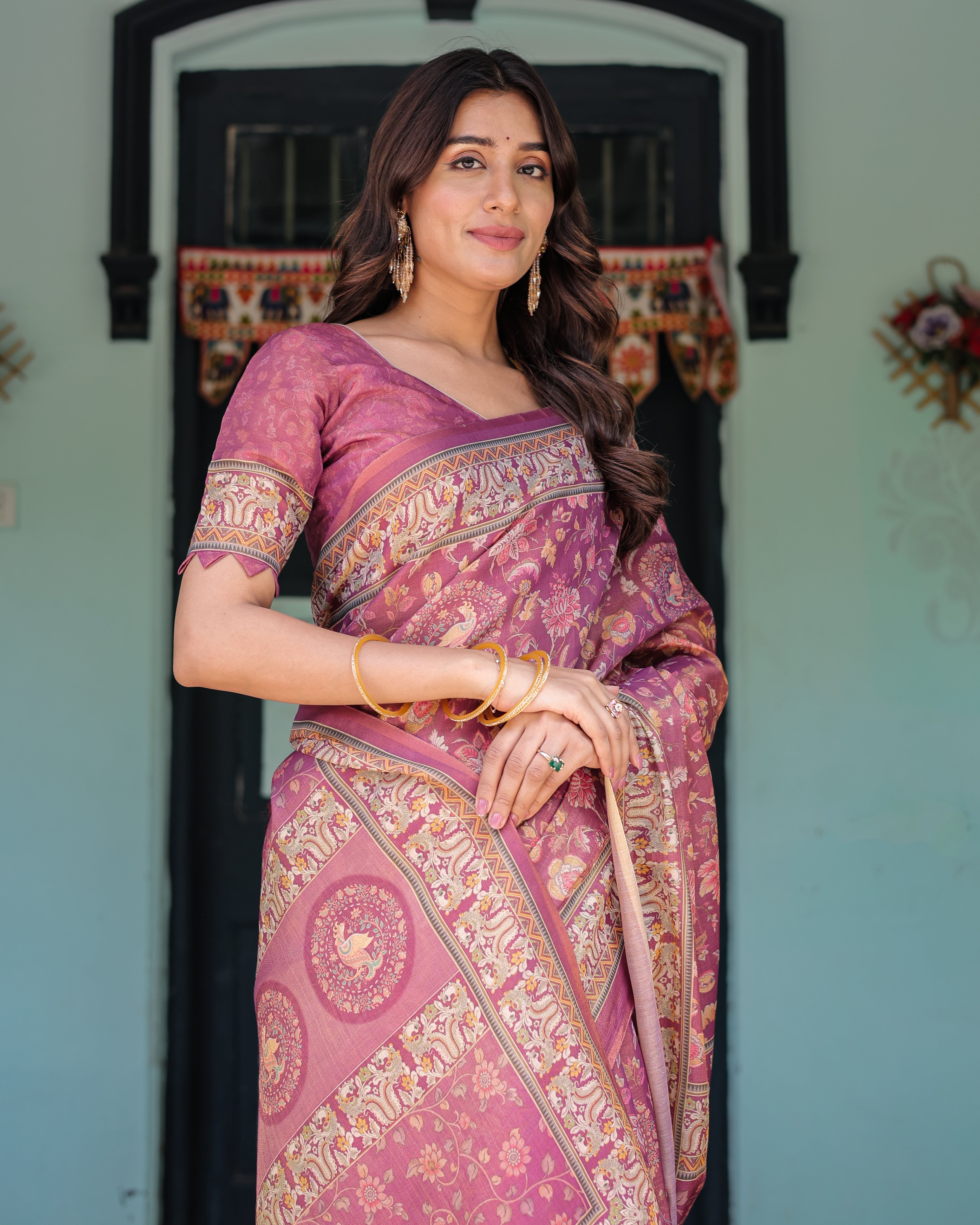 Plum Rose Handloom Cotton Saree with Floral Buttas & Traditional Peacock Medallion Pallu