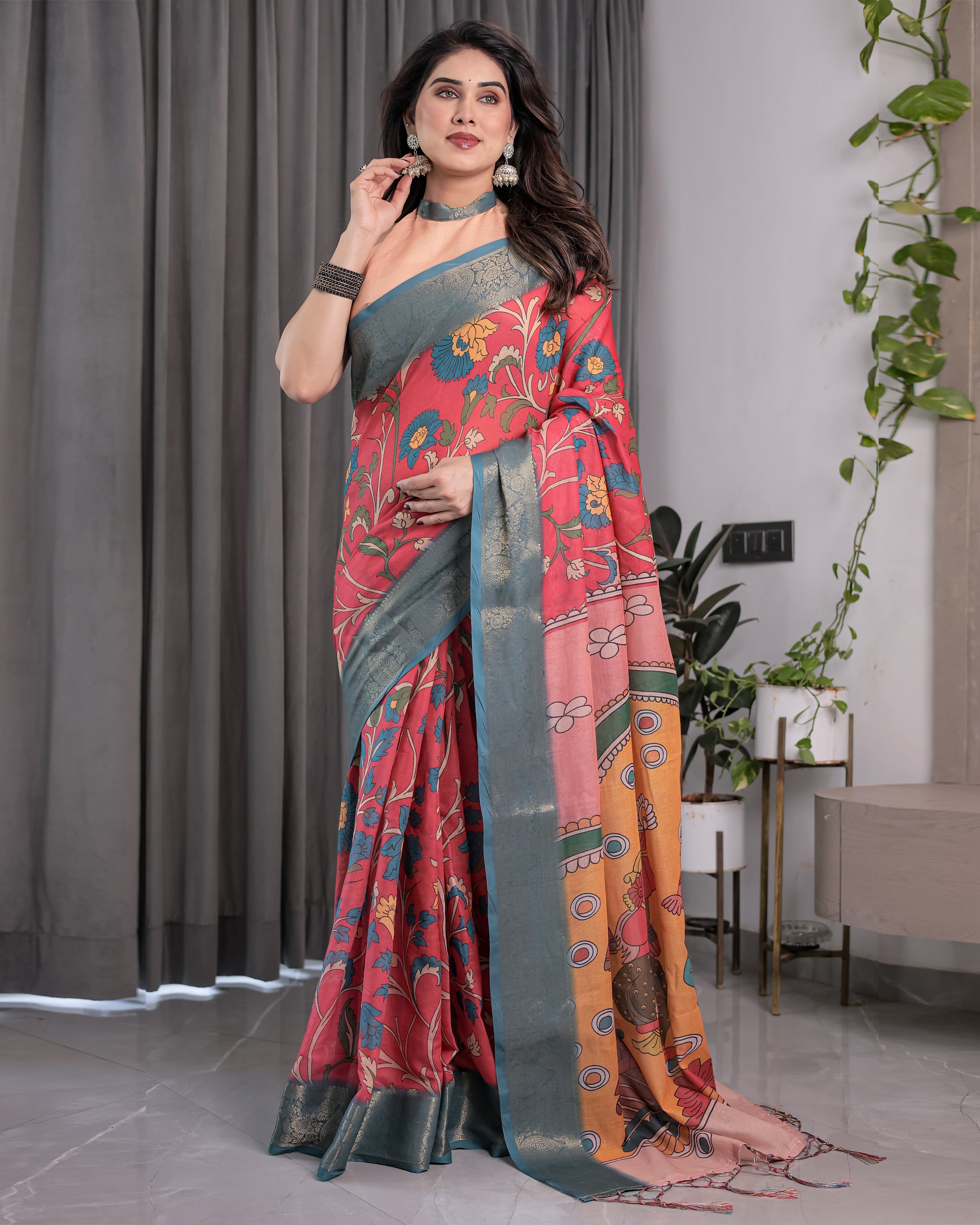 Multicolor Handloom Cotton Saree with Rajasthani Folk Dance Digital Print & Contrast Zari Border | Artistic Cultural Drape | 5.5m Saree + 0.8m Blouse