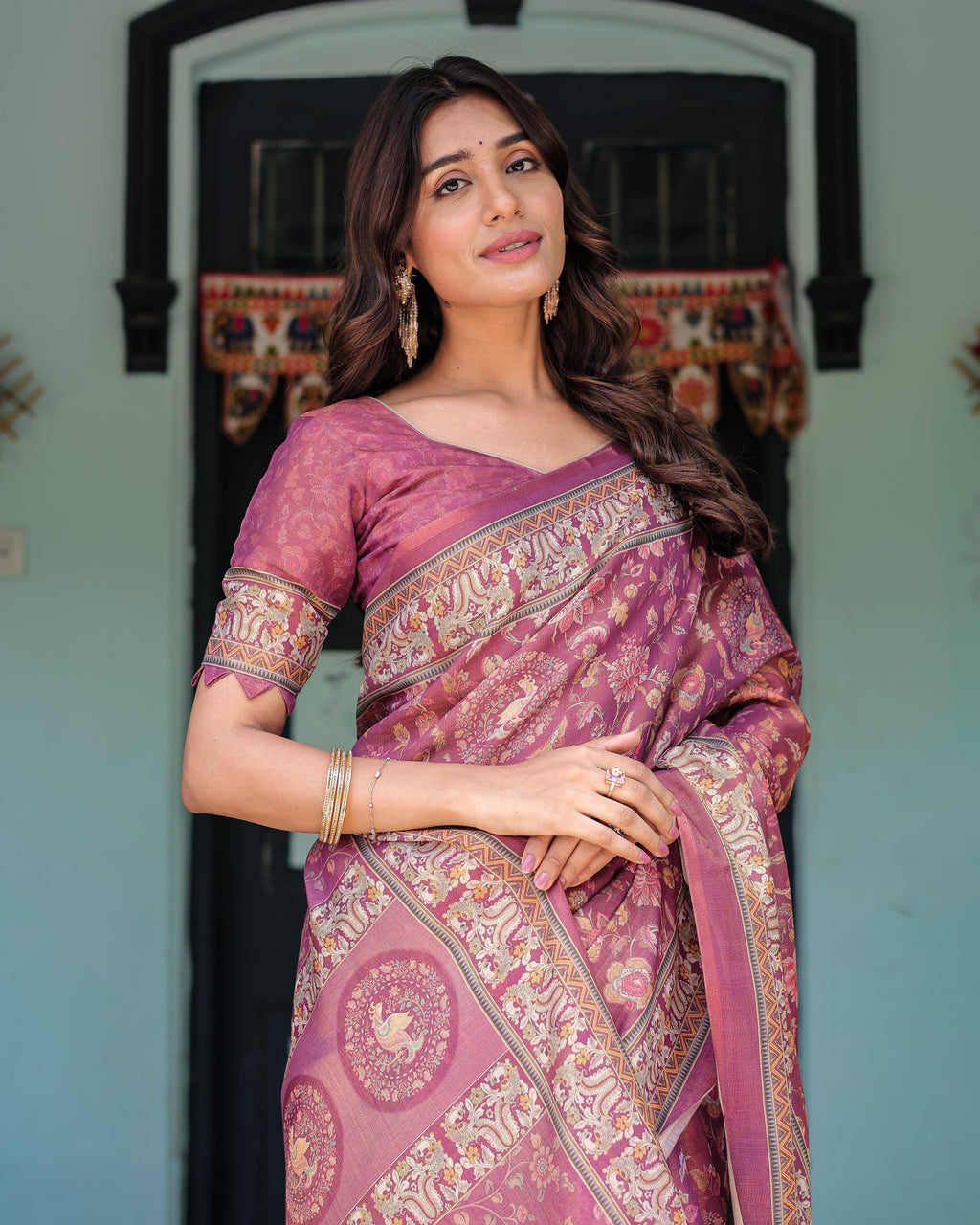 Plum Rose Handloom Cotton Saree with Floral Buttas & Traditional Peacock Medallion Pallu