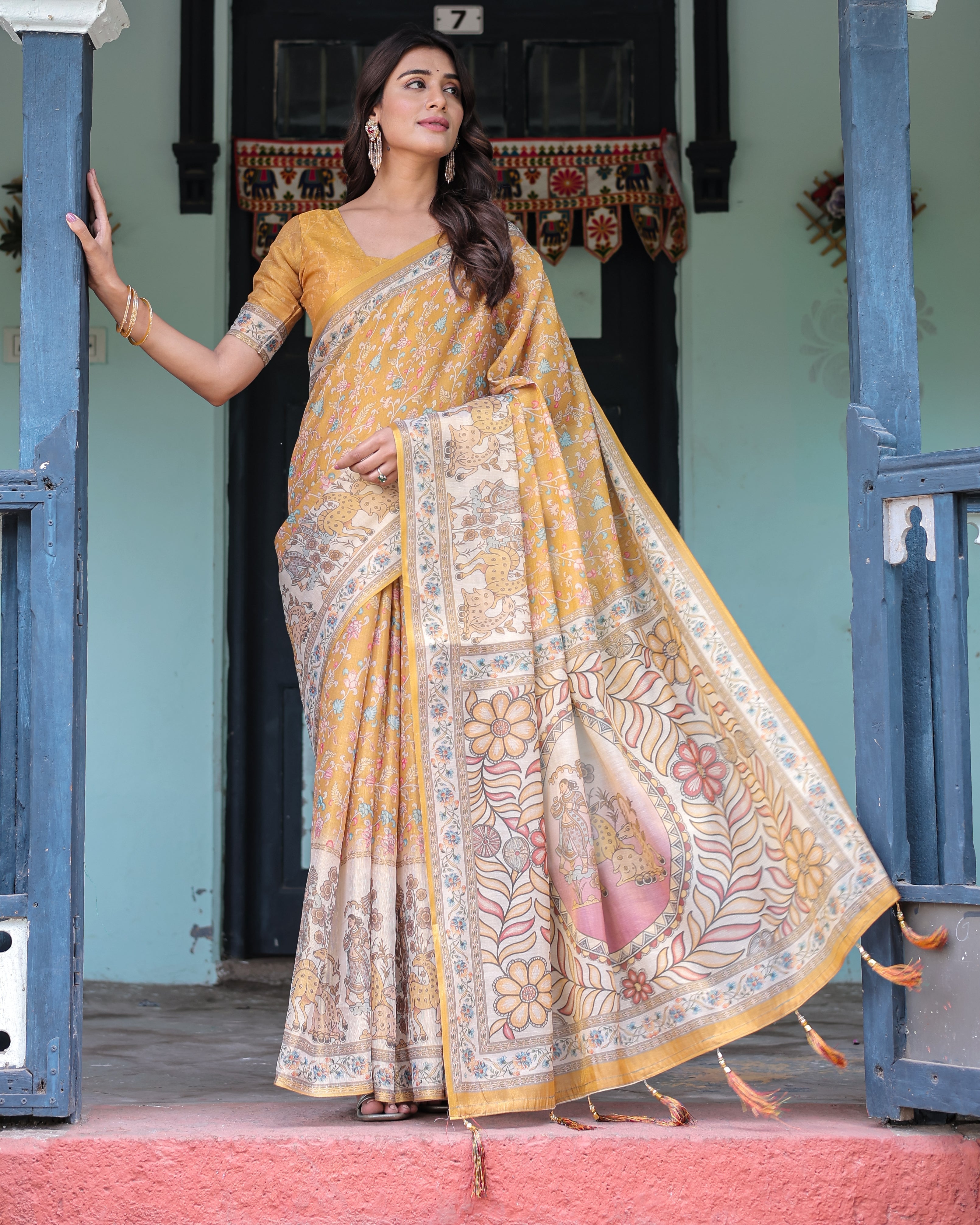 Golden Mustard Handloom Cotton Saree with Floral Vines & Graceful Deer Pallu