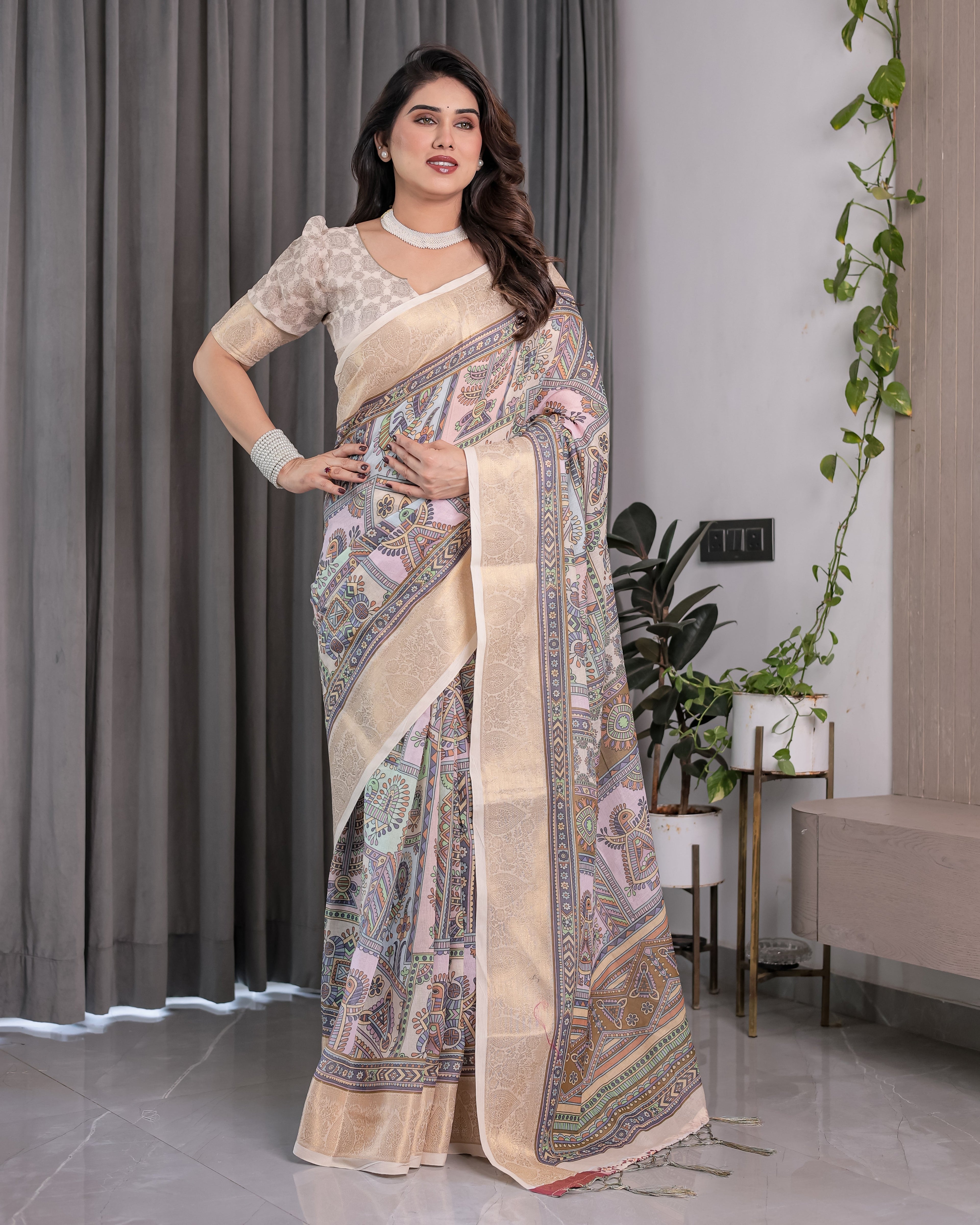 Beige Handloom Linen Saree with Tribal & Peacock Multicolor Digital Print | Traditional Art Pallu with Zari Border | 5.5m Saree + 0.8m Blouse