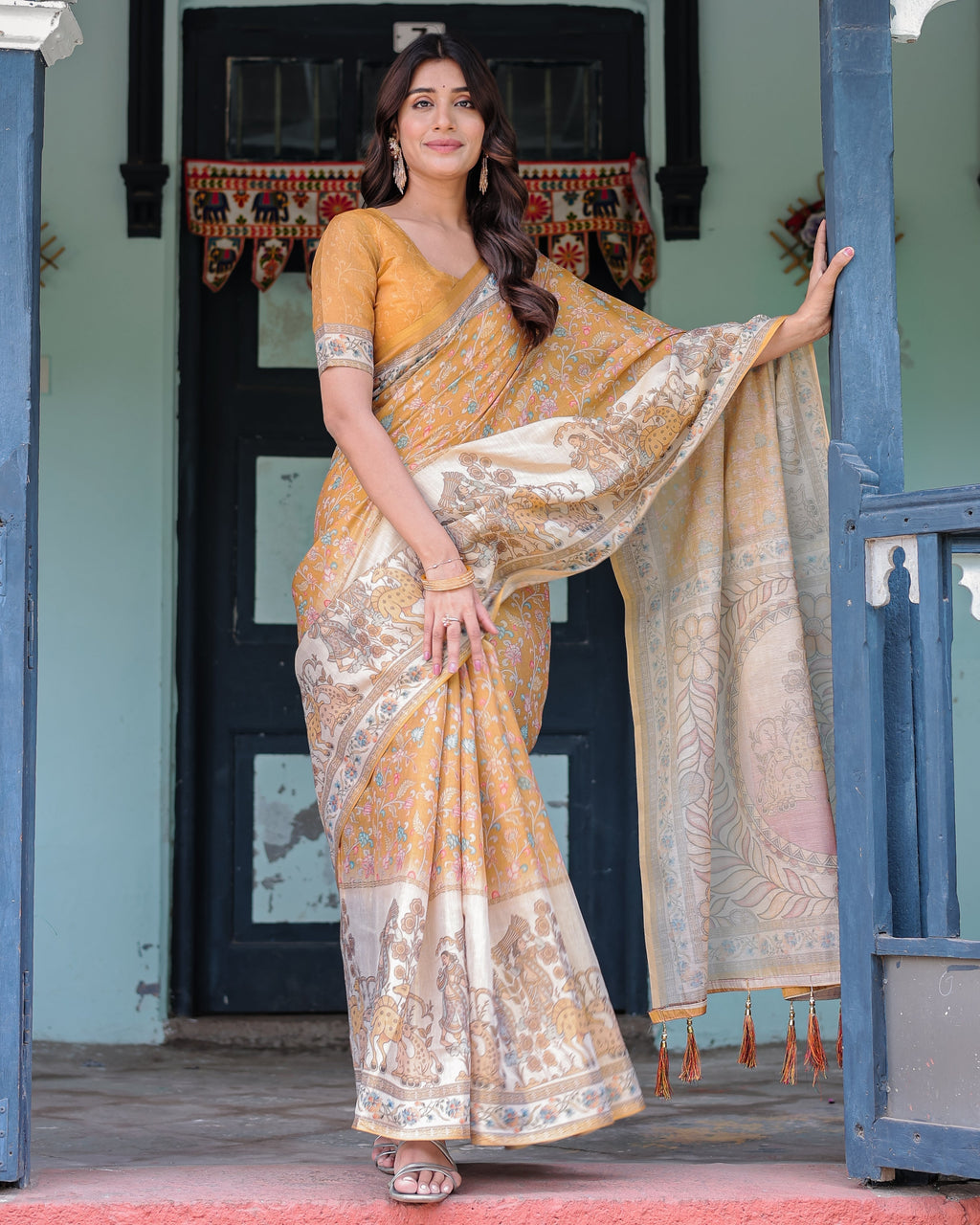 Golden Mustard Handloom Cotton Saree with Floral Vines & Graceful Deer Pallu