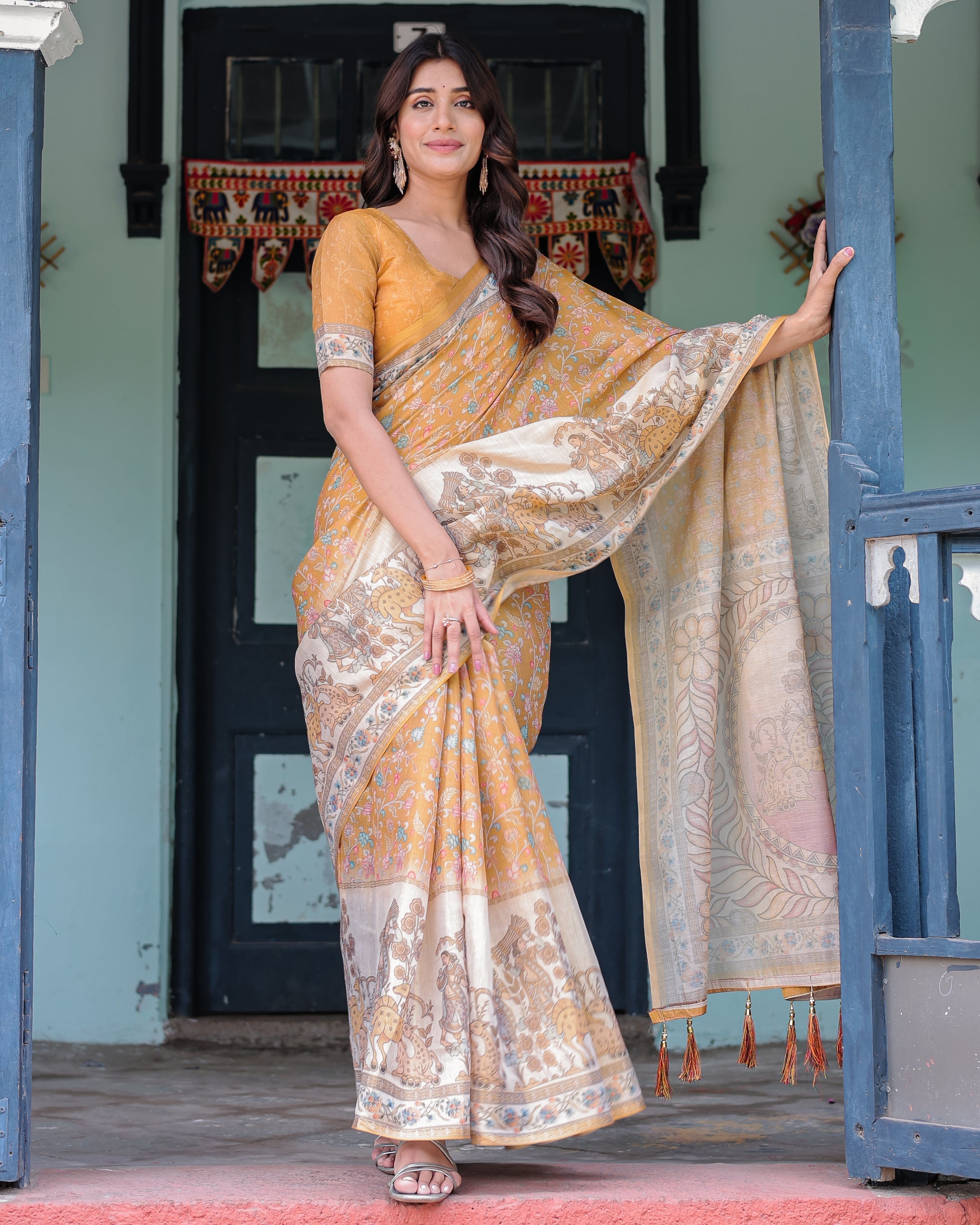 Golden Mustard Handloom Cotton Saree with Floral Vines & Graceful Deer Pallu