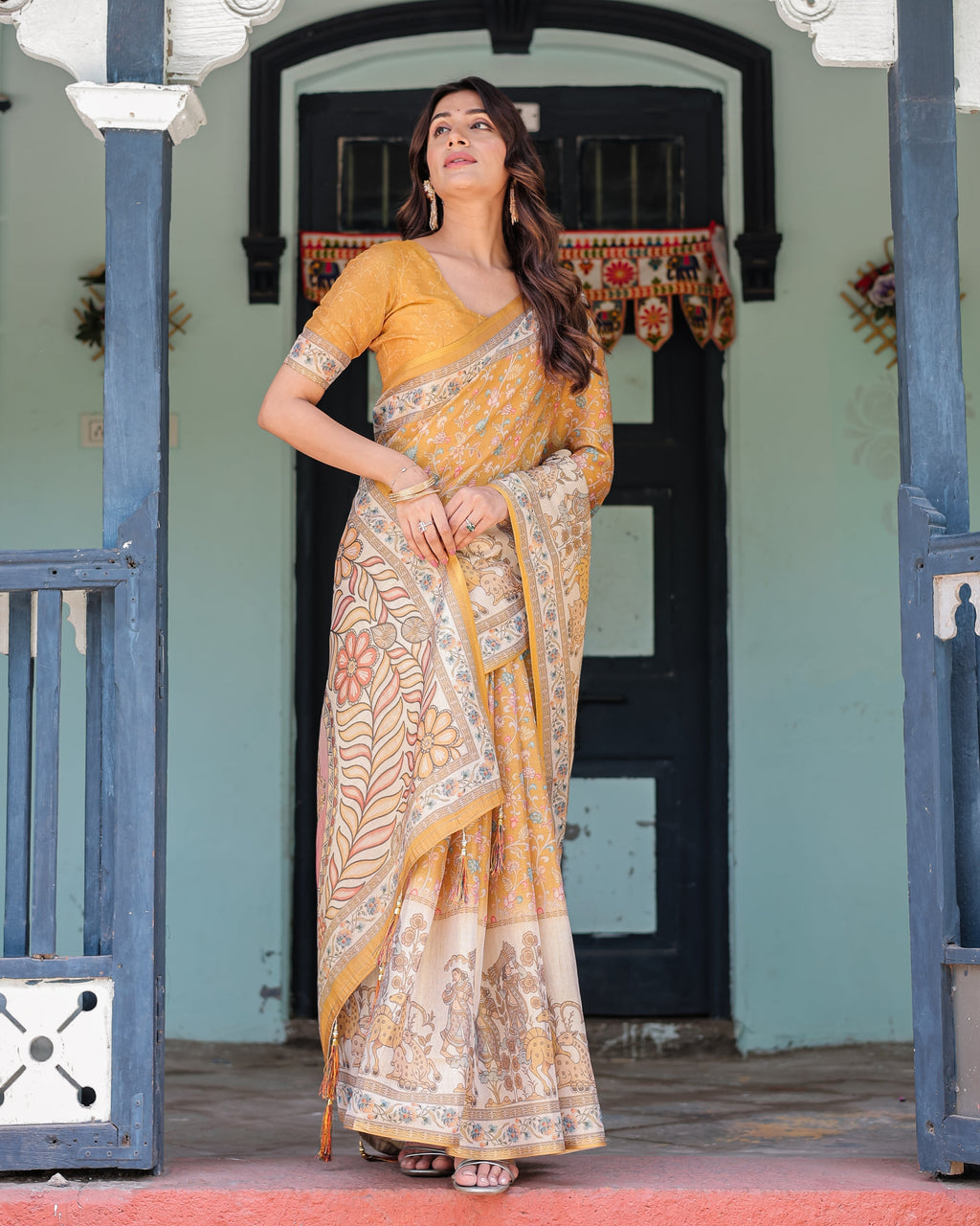 Golden Mustard Handloom Cotton Saree with Floral Vines & Graceful Deer Pallu