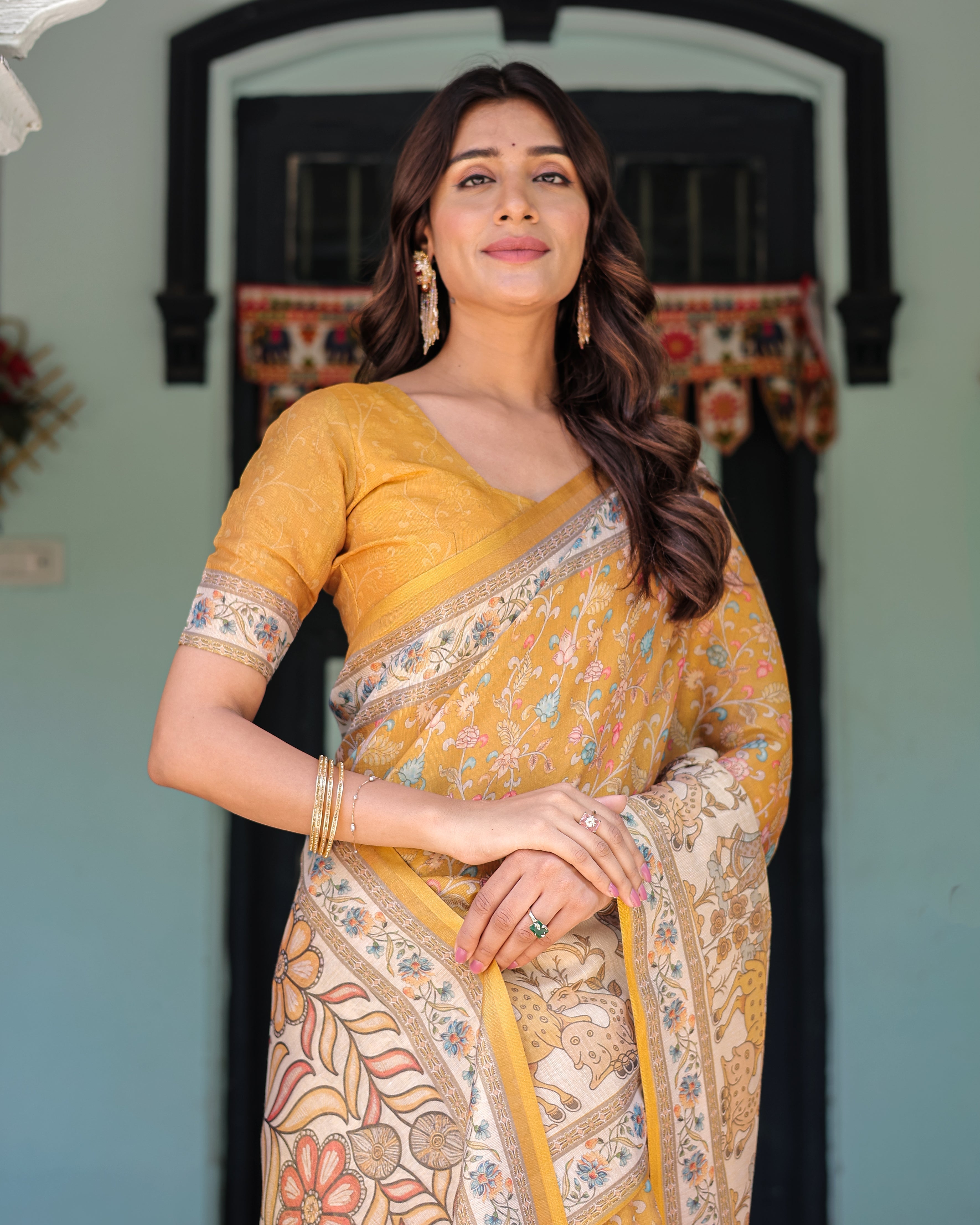 Golden Mustard Handloom Cotton Saree with Floral Vines & Graceful Deer Pallu