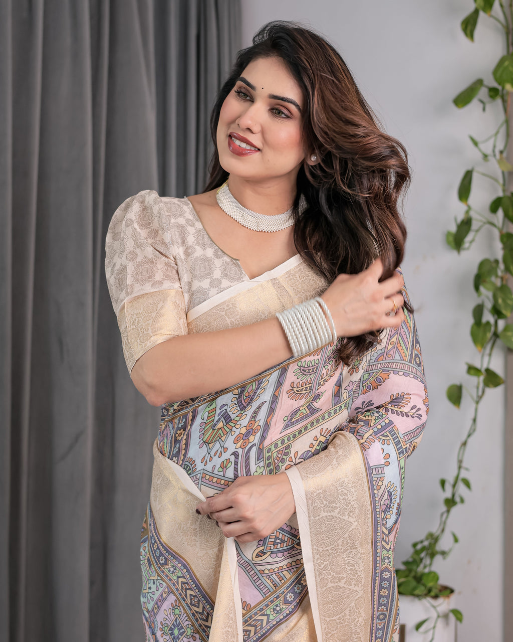 Beige Handloom Linen Saree with Tribal & Peacock Multicolor Digital Print | Traditional Art Pallu with Zari Border | 5.5m Saree + 0.8m Blouse