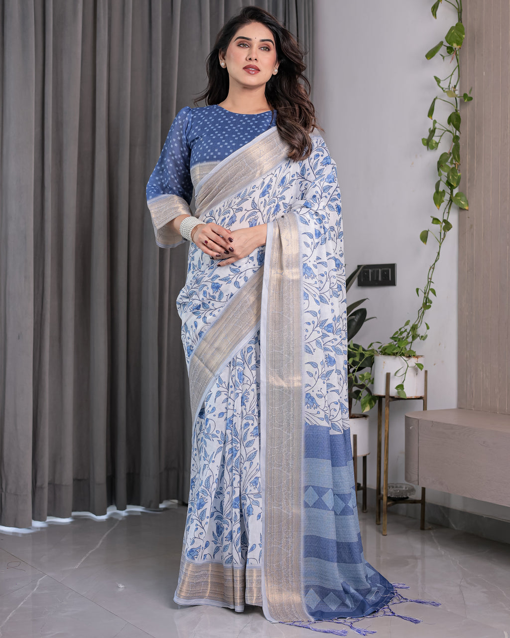 Sky Blue & White Handloom Linen Saree with Floral Vine Print, Geometric Pallu & Zari Border | 5.5m Saree + 0.8m Blouse