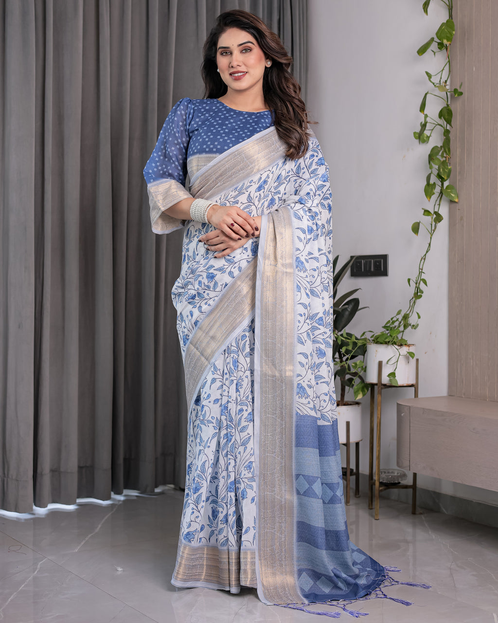 Sky Blue & White Handloom Linen Saree with Floral Vine Print, Geometric Pallu & Zari Border | 5.5m Saree + 0.8m Blouse