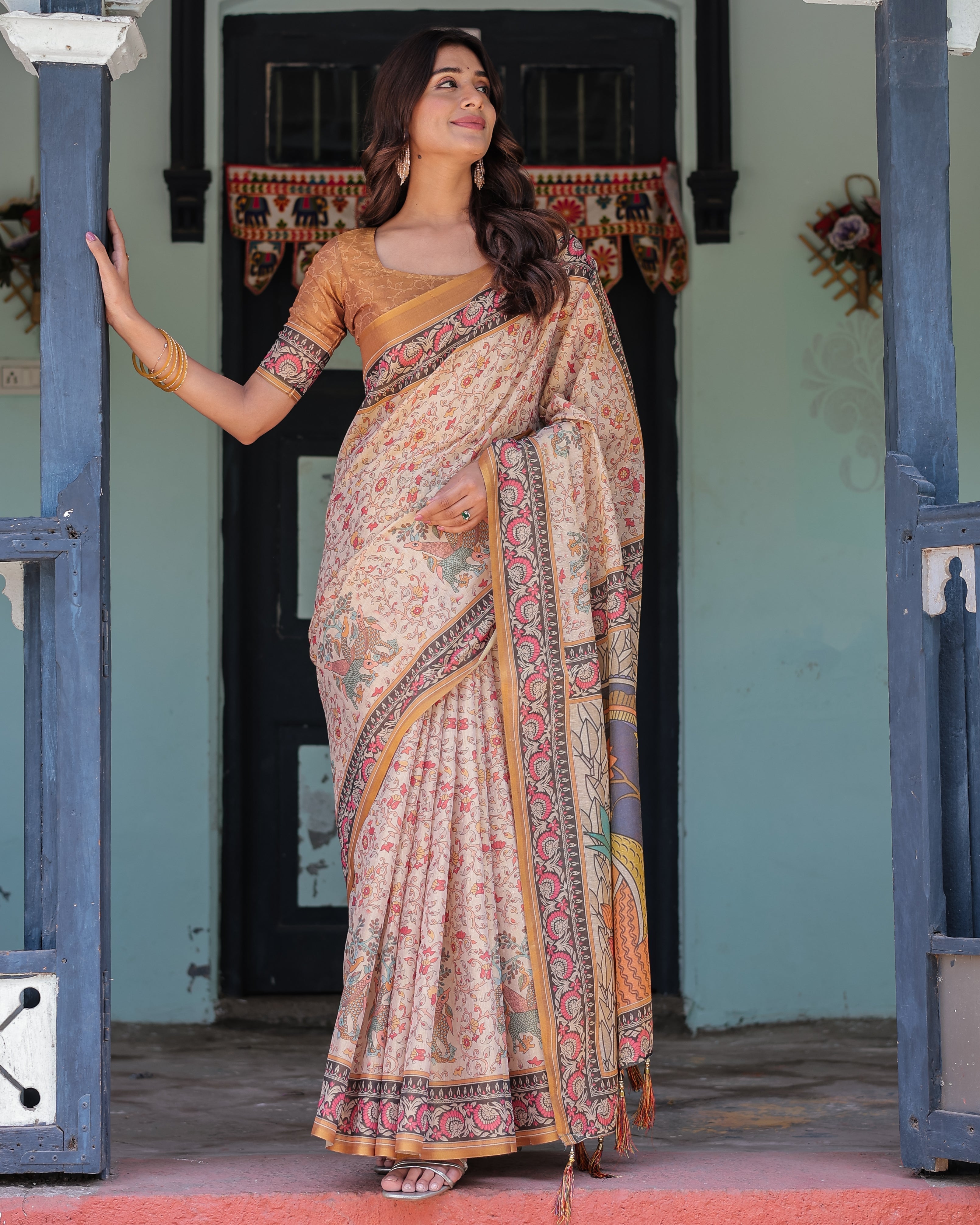 Beige & Maroon Handloom Cotton Saree with Floral Vine Print & Mythical Madhubani Cow Pallu