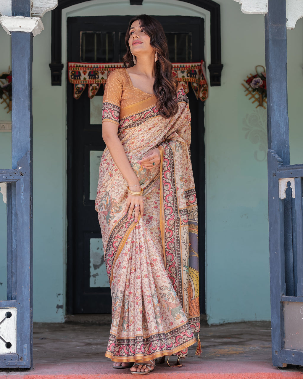 Beige & Maroon Handloom Cotton Saree with Floral Vine Print & Mythical Madhubani Cow Pallu