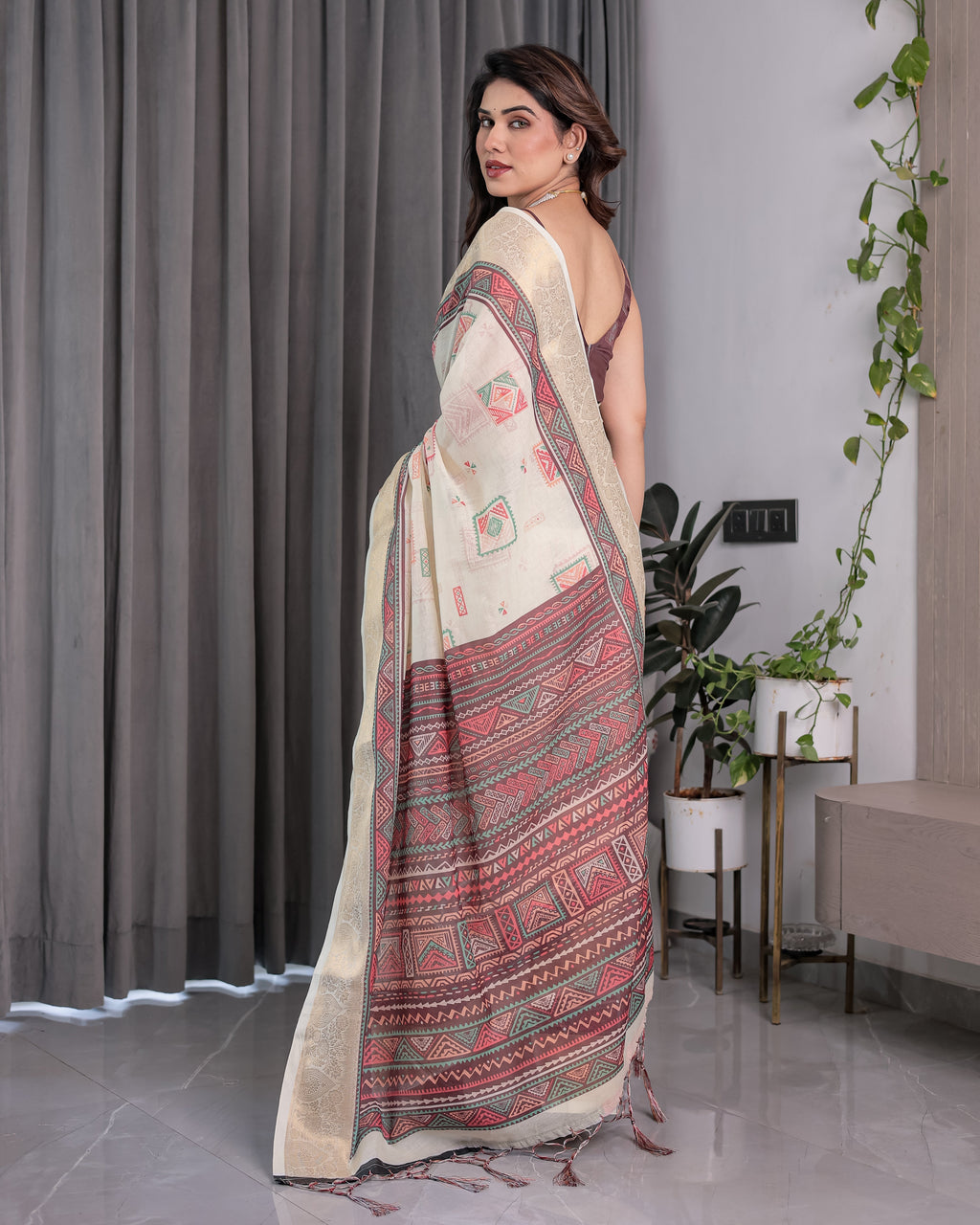Ivory Handloom Linen Saree with Maroon Tribal Digital Print & Zari Border | Ethnic Chic | 5.5m Saree + 0.8m Blouse
