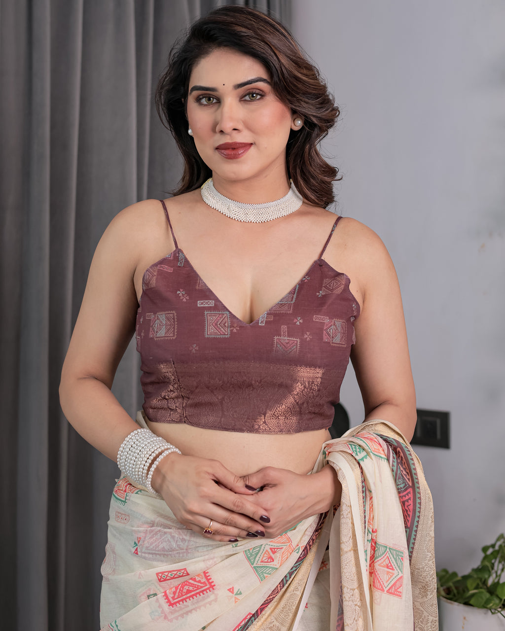 Ivory Handloom Linen Saree with Maroon Tribal Digital Print & Zari Border | Ethnic Chic | 5.5m Saree + 0.8m Blouse