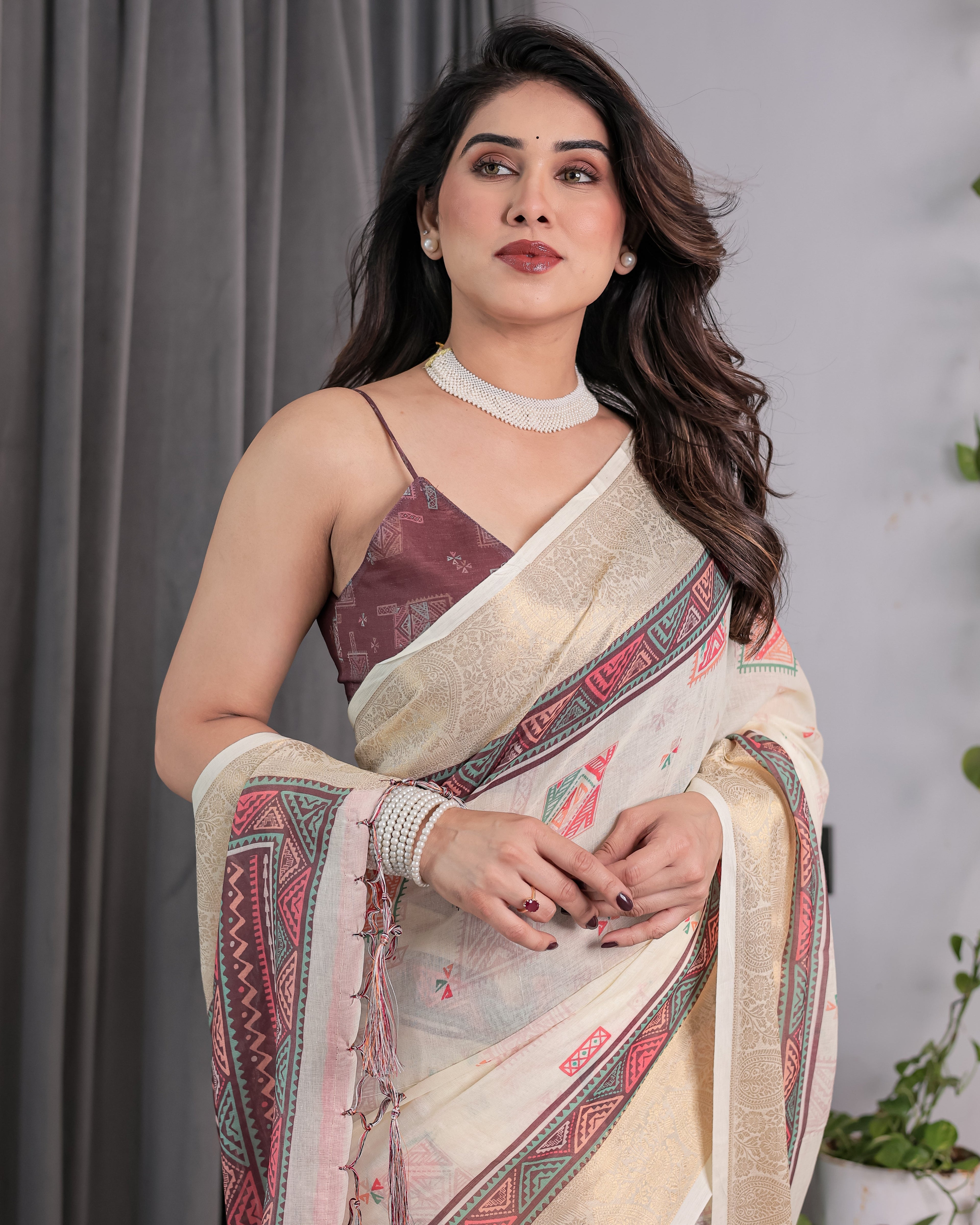 Ivory Handloom Linen Saree with Maroon Tribal Digital Print & Zari Border | Ethnic Chic | 5.5m Saree + 0.8m Blouse