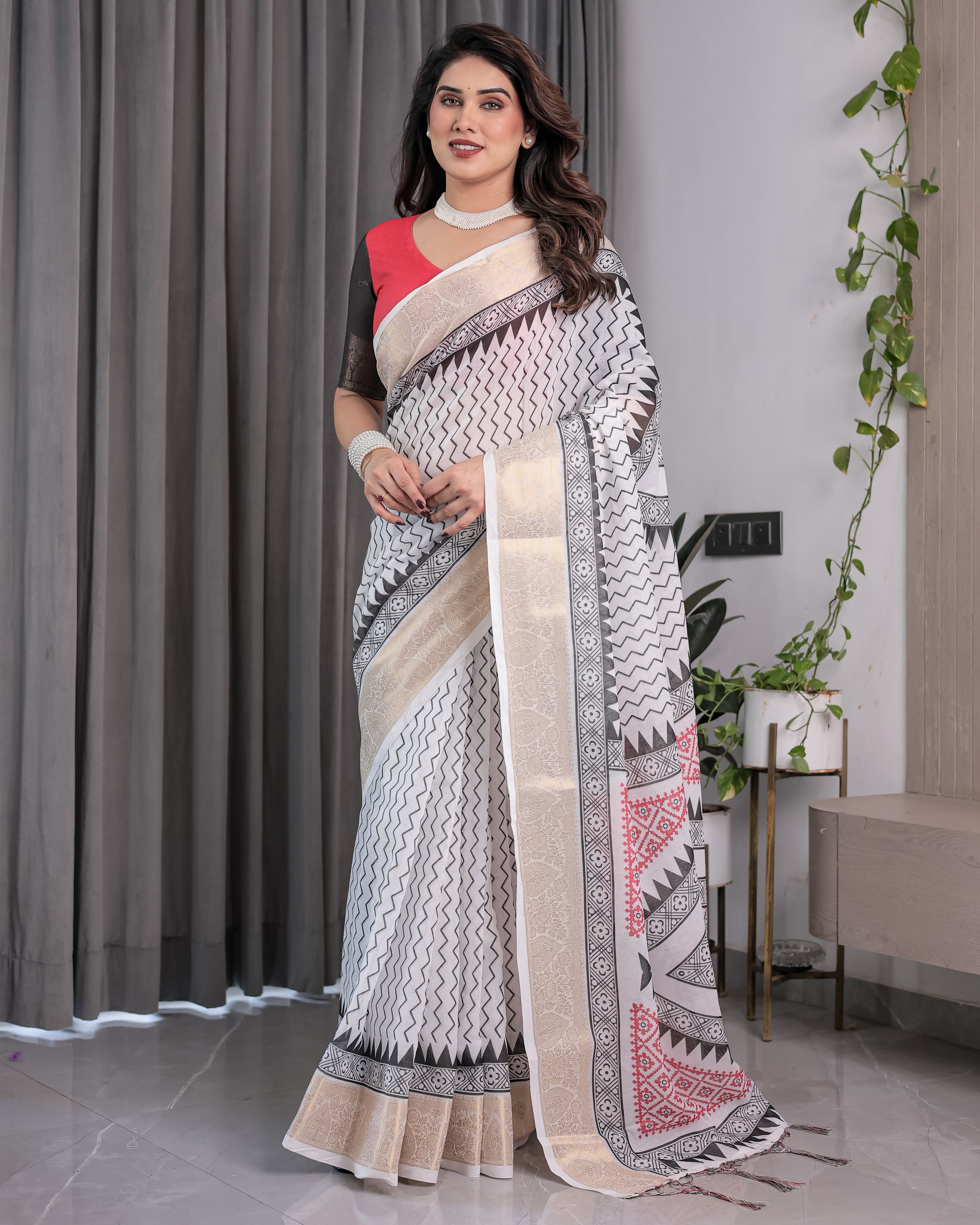 Ivory Handloom Linen Saree with Black & Red Geometric Tribal Print and Zari Border | Bold Ethnic Drape | 5.5m Saree + 0.8m Blouse