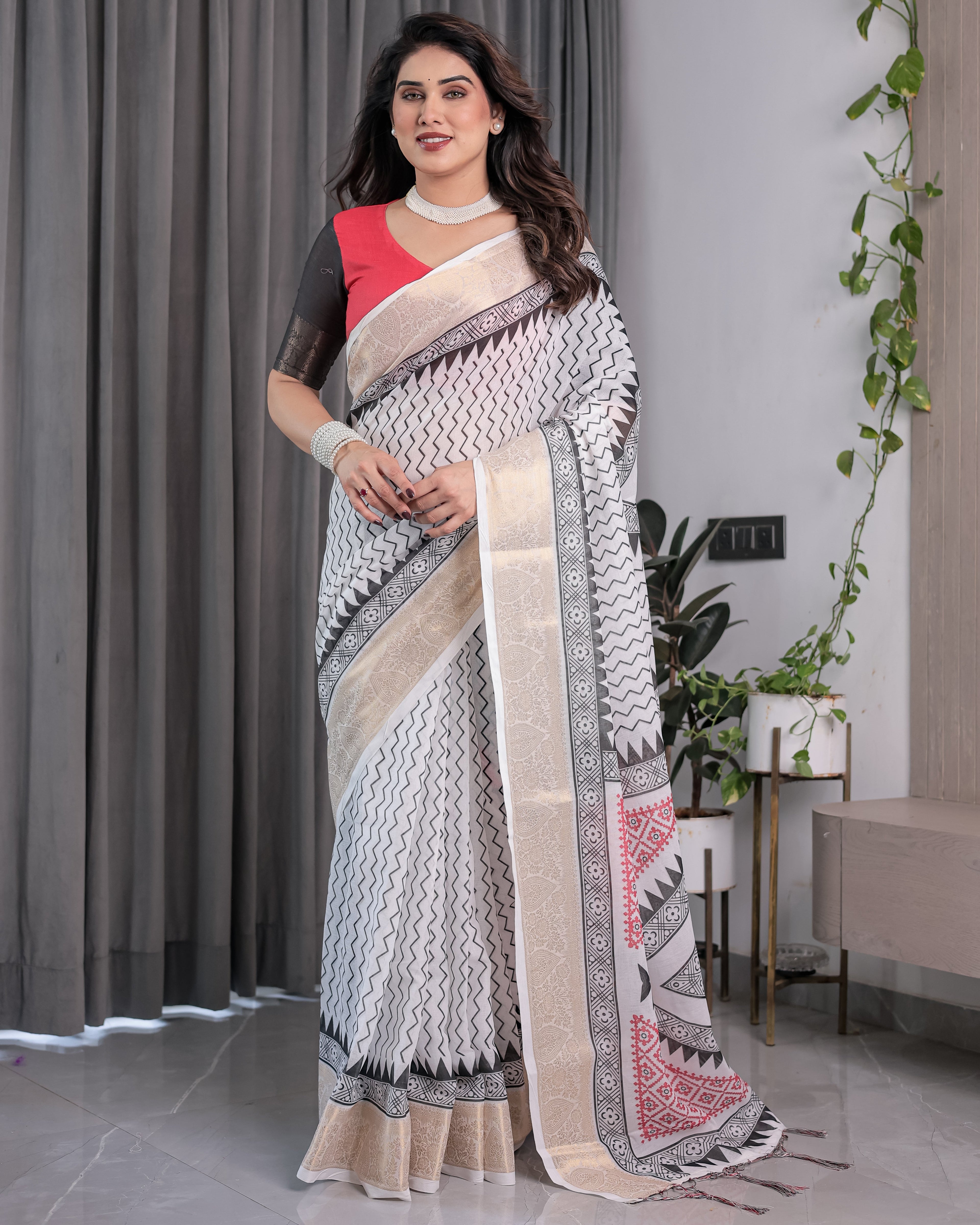 Ivory Handloom Linen Saree with Black & Red Geometric Tribal Print and Zari Border | Bold Ethnic Drape | 5.5m Saree + 0.8m Blouse