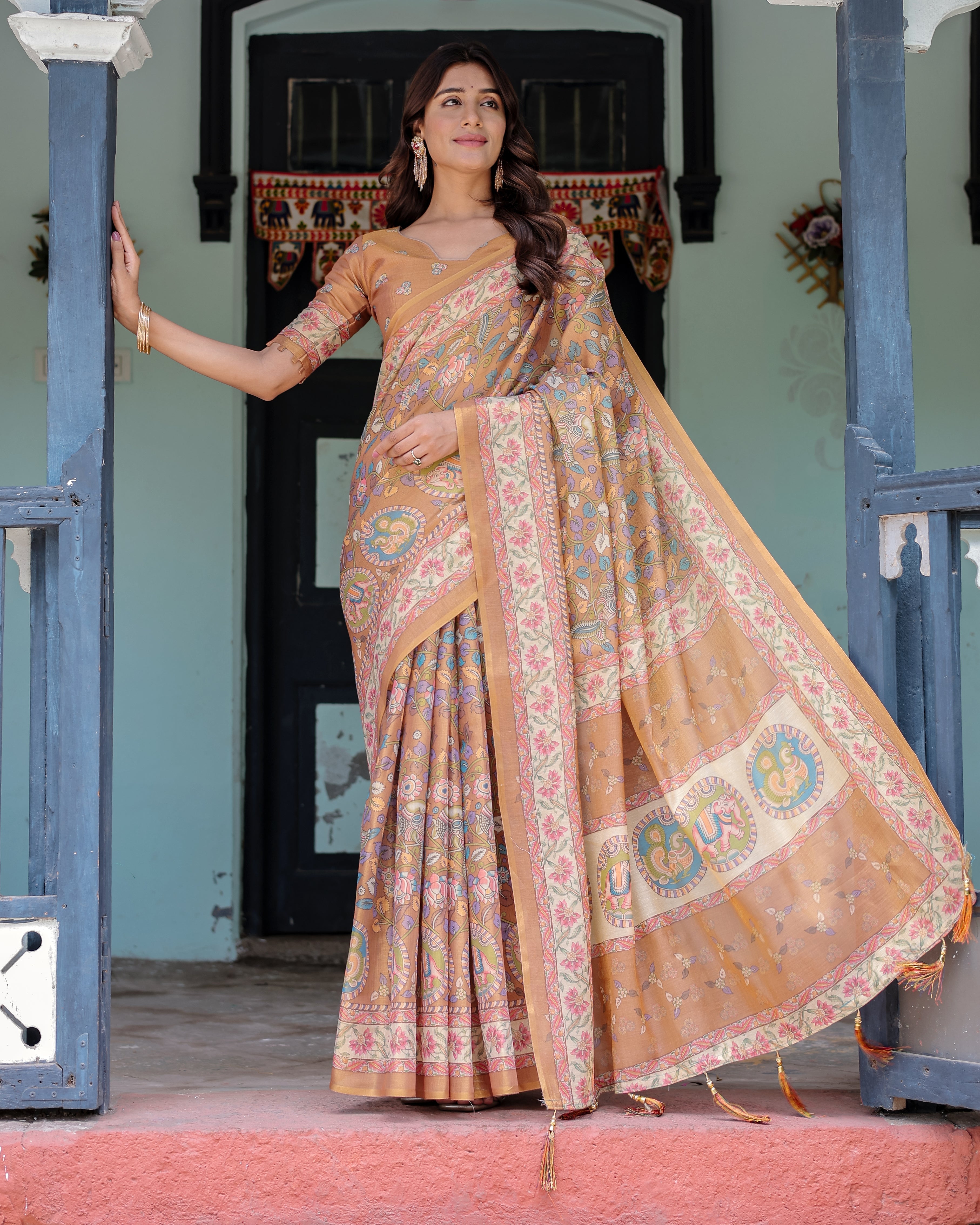 Terracotta Peach Handloom Cotton Saree with Multicolor Floral Vines & Kalamkari-Inspired Pallu