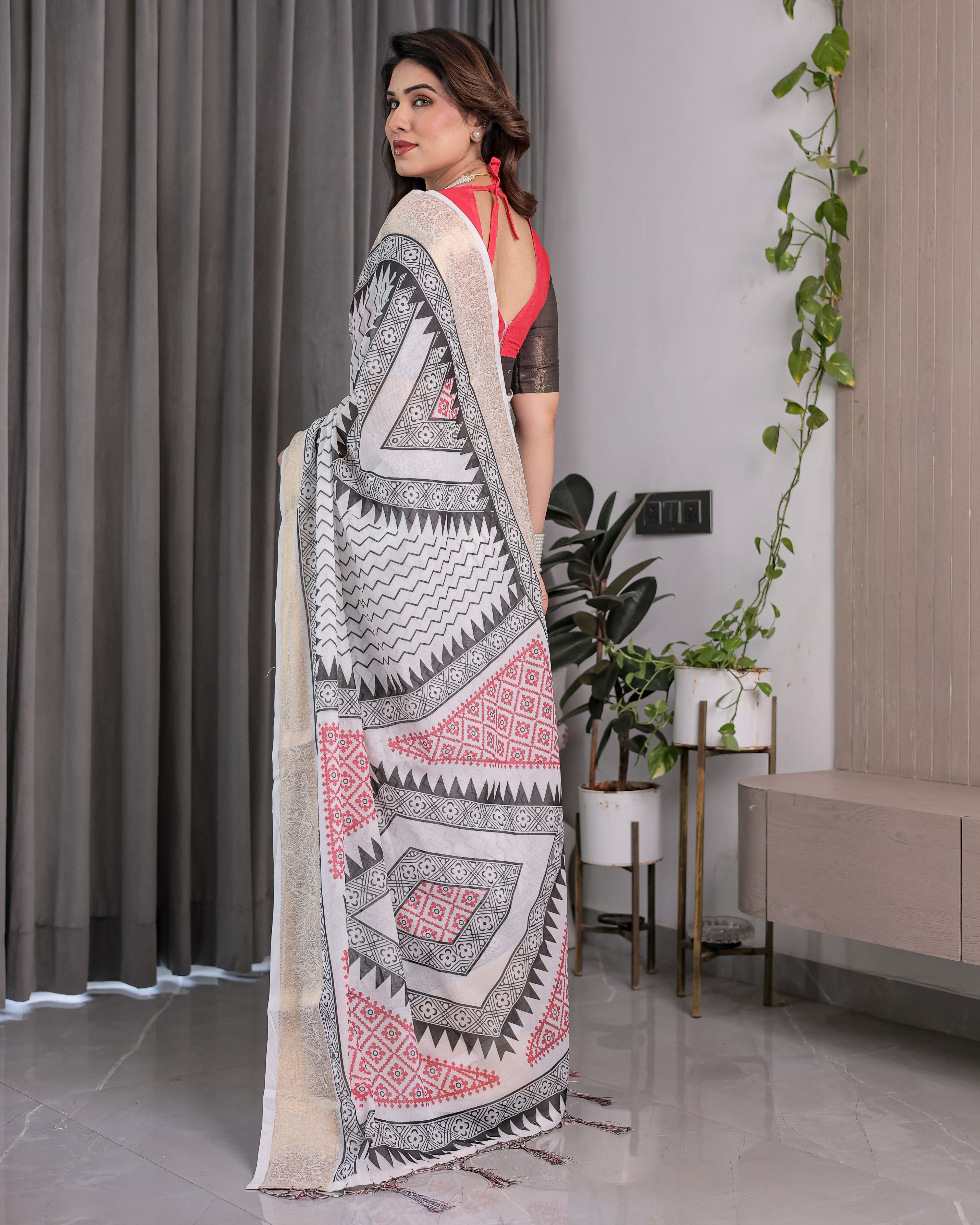 Ivory Handloom Linen Saree with Black & Red Geometric Tribal Print and Zari Border | Bold Ethnic Drape | 5.5m Saree + 0.8m Blouse