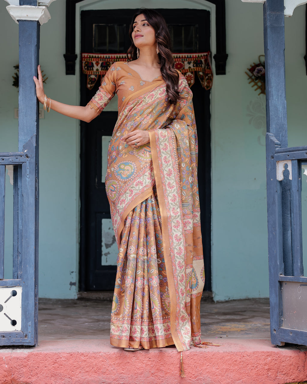 Terracotta Peach Handloom Cotton Saree with Multicolor Floral Vines & Kalamkari-Inspired Pallu