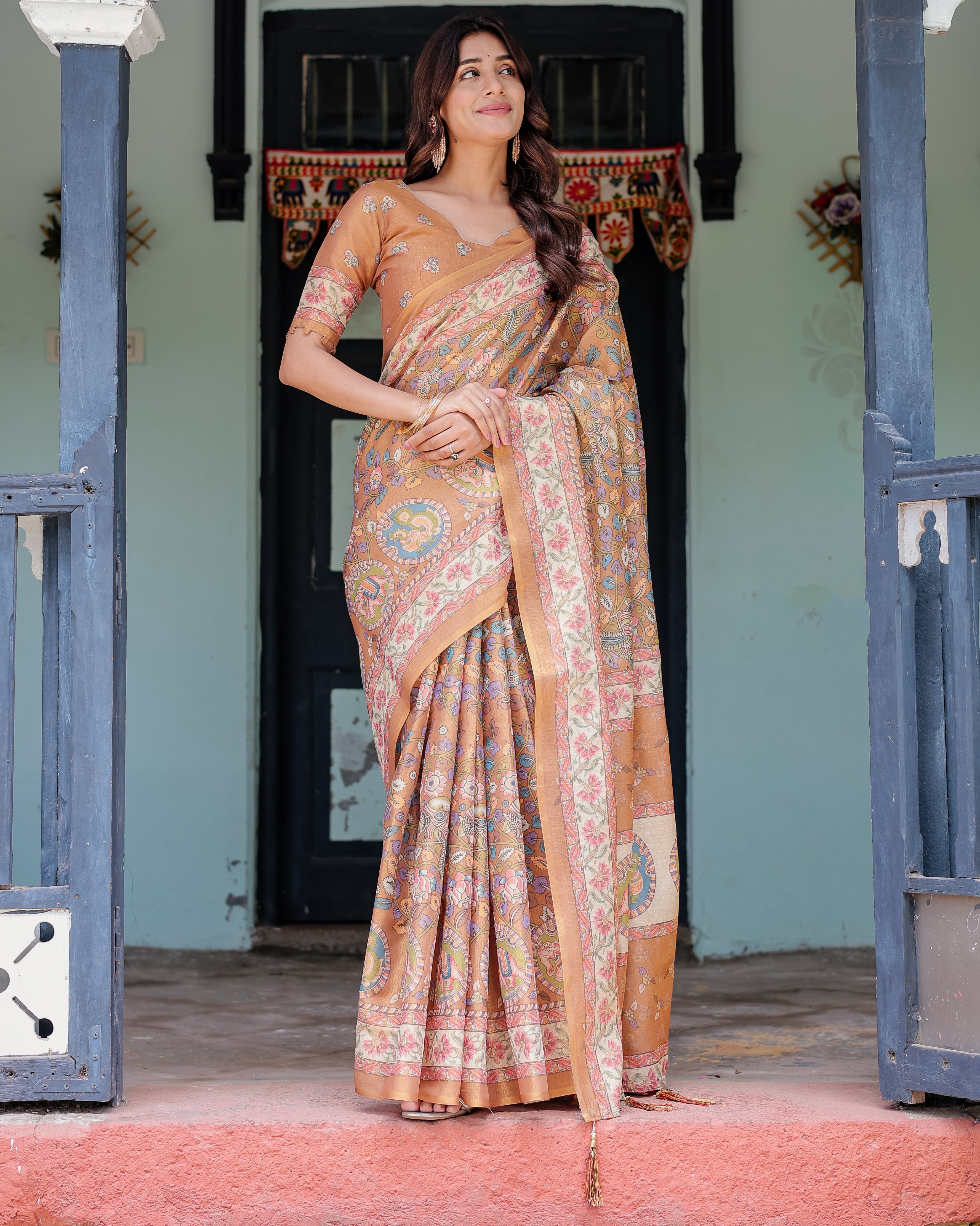 Terracotta Peach Handloom Cotton Saree with Multicolor Floral Vines & Kalamkari-Inspired Pallu