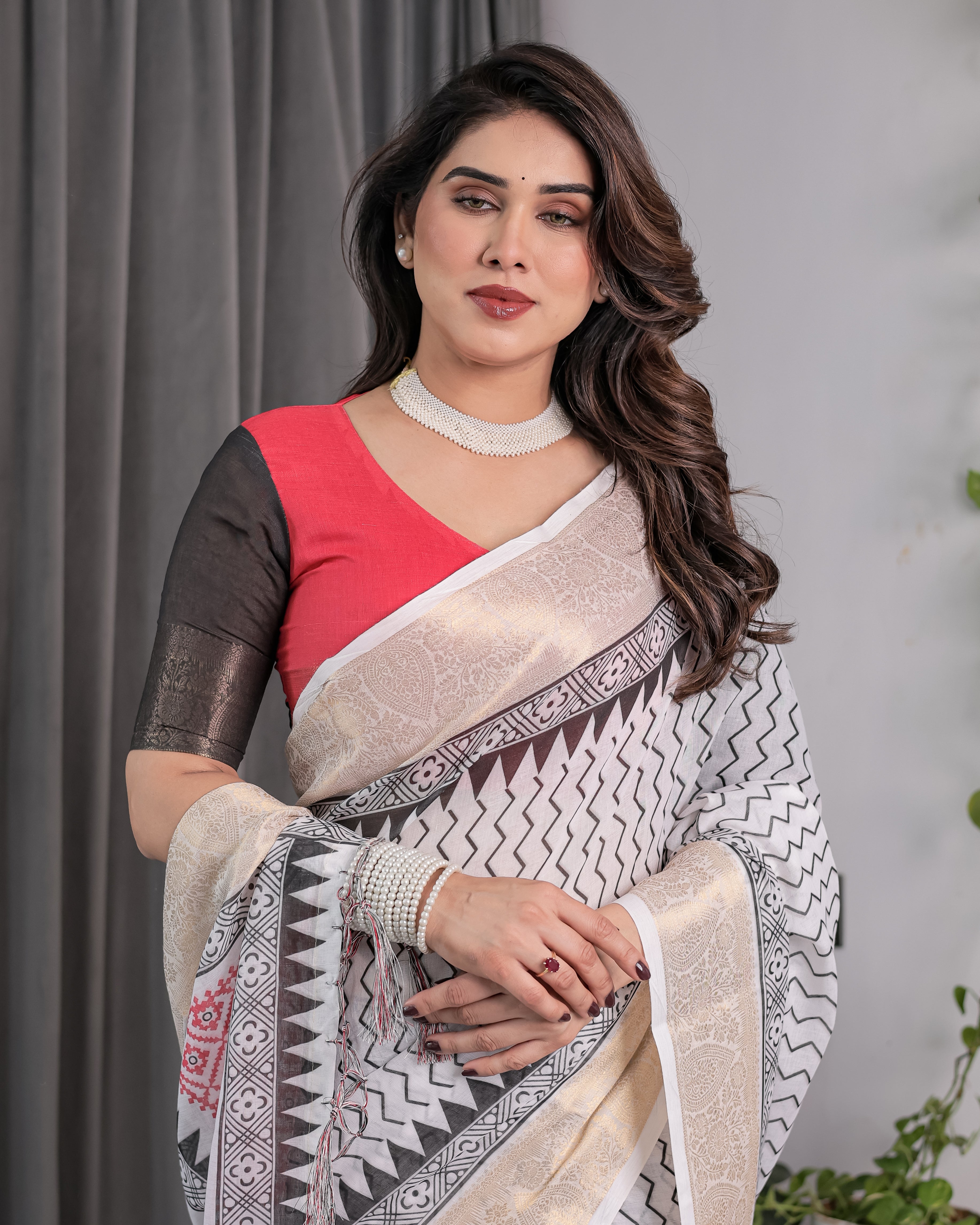 Ivory Handloom Linen Saree with Black & Red Geometric Tribal Print and Zari Border | Bold Ethnic Drape | 5.5m Saree + 0.8m Blouse