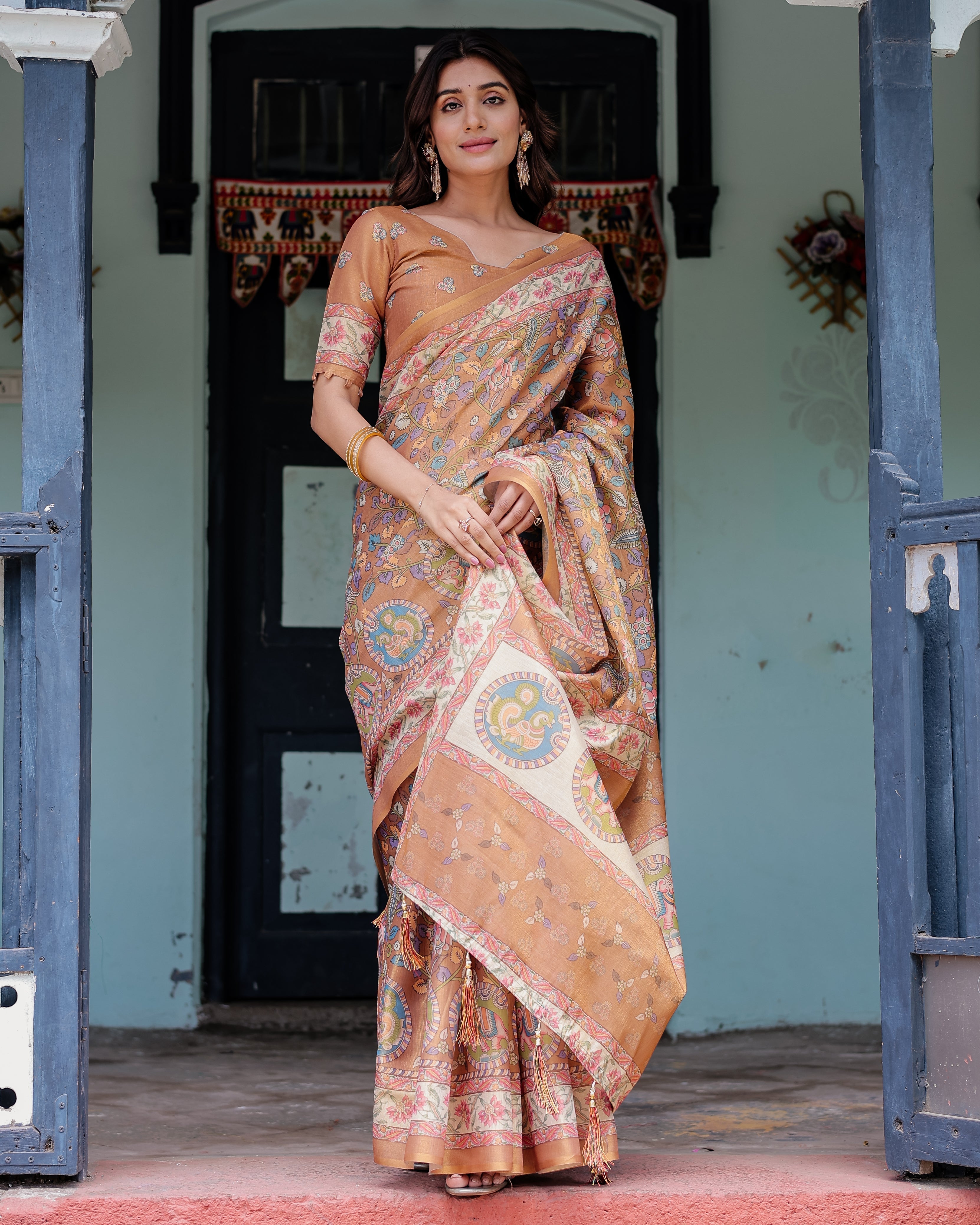 Terracotta Peach Handloom Cotton Saree with Multicolor Floral Vines & Kalamkari-Inspired Pallu