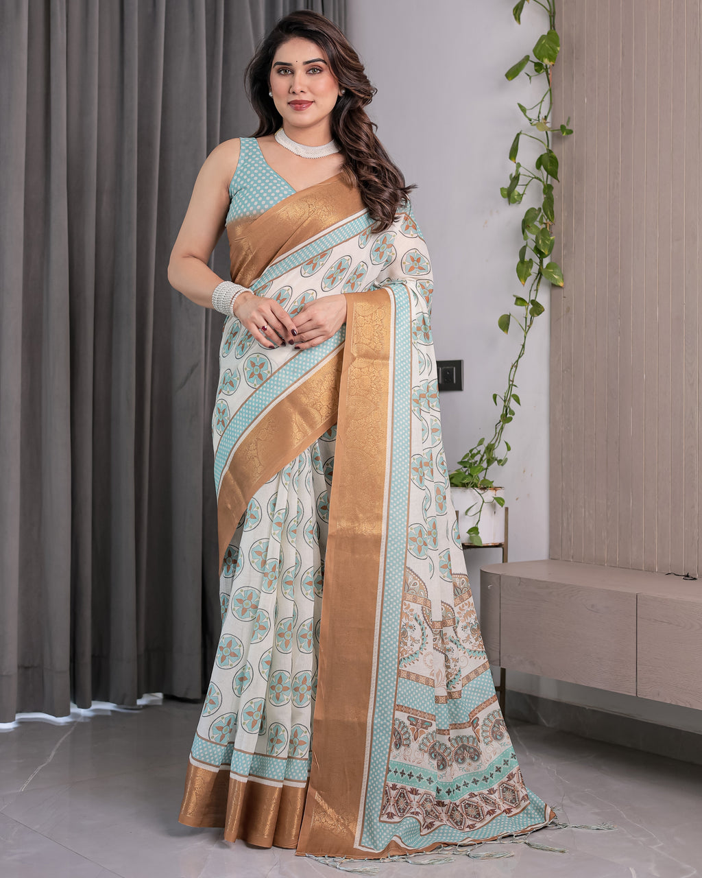 Ivory Handloom Linen Saree with Aqua Blue Mandala Motifs & Copper Zari Border | Artistic Printed Pallu & Tassels | 5.5m Saree + 0.8m Blouse