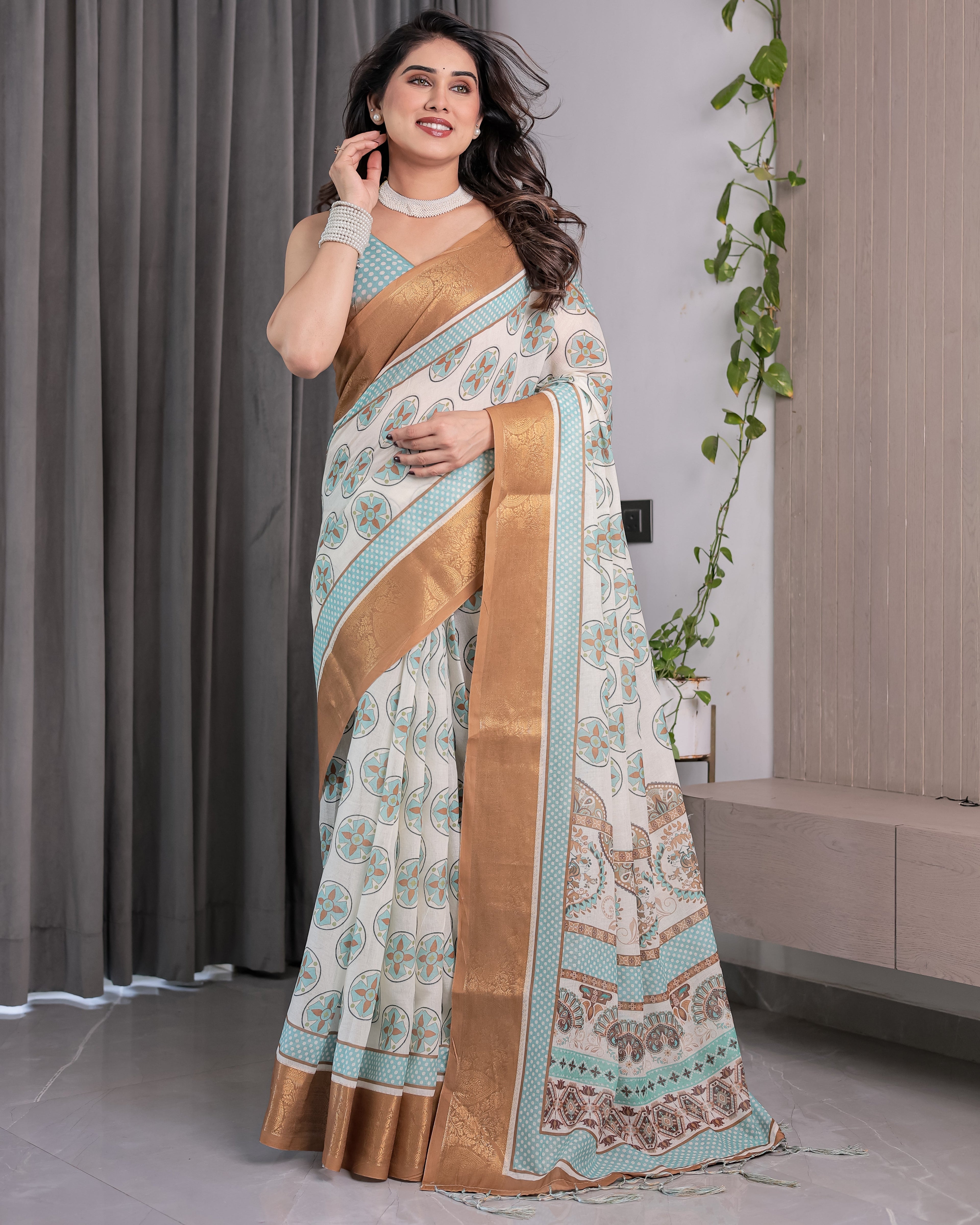 Ivory Handloom Linen Saree with Aqua Blue Mandala Motifs & Copper Zari Border | Artistic Printed Pallu & Tassels | 5.5m Saree + 0.8m Blouse