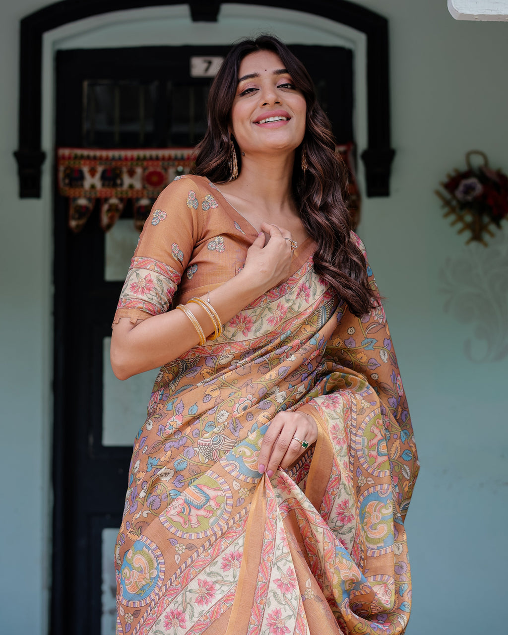 Terracotta Peach Handloom Cotton Saree with Multicolor Floral Vines & Kalamkari-Inspired Pallu