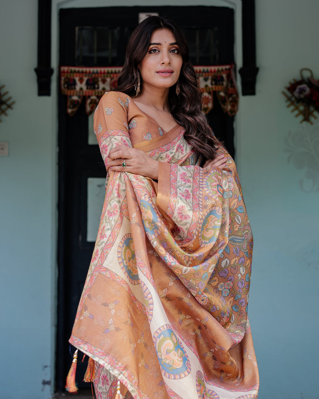 Terracotta Peach Handloom Cotton Saree with Multicolor Floral Vines & Kalamkari-Inspired Pallu