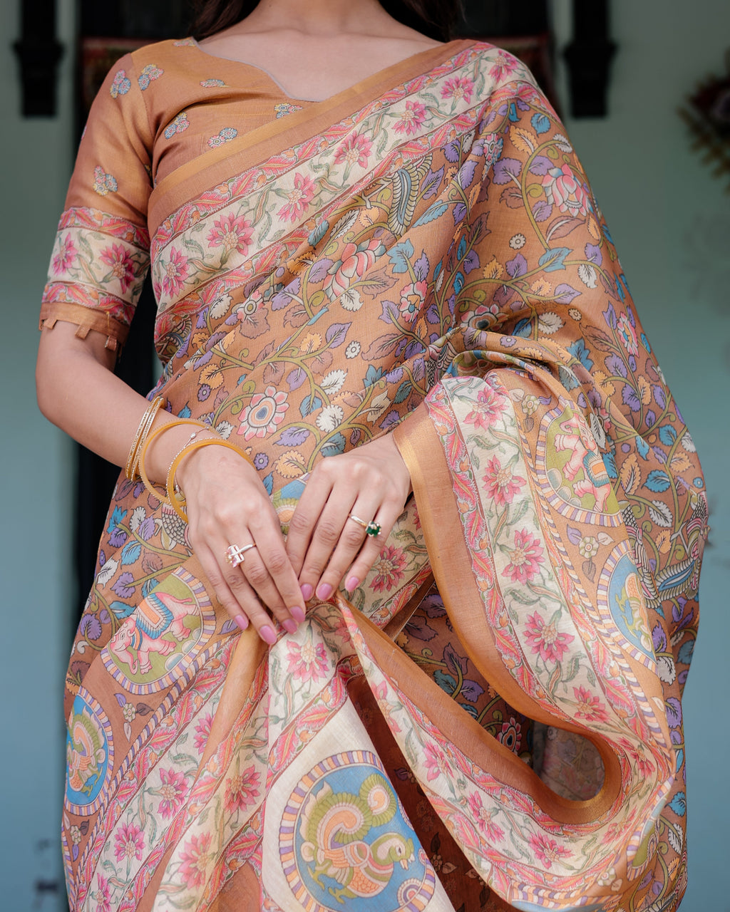 Terracotta Peach Handloom Cotton Saree with Multicolor Floral Vines & Kalamkari-Inspired Pallu