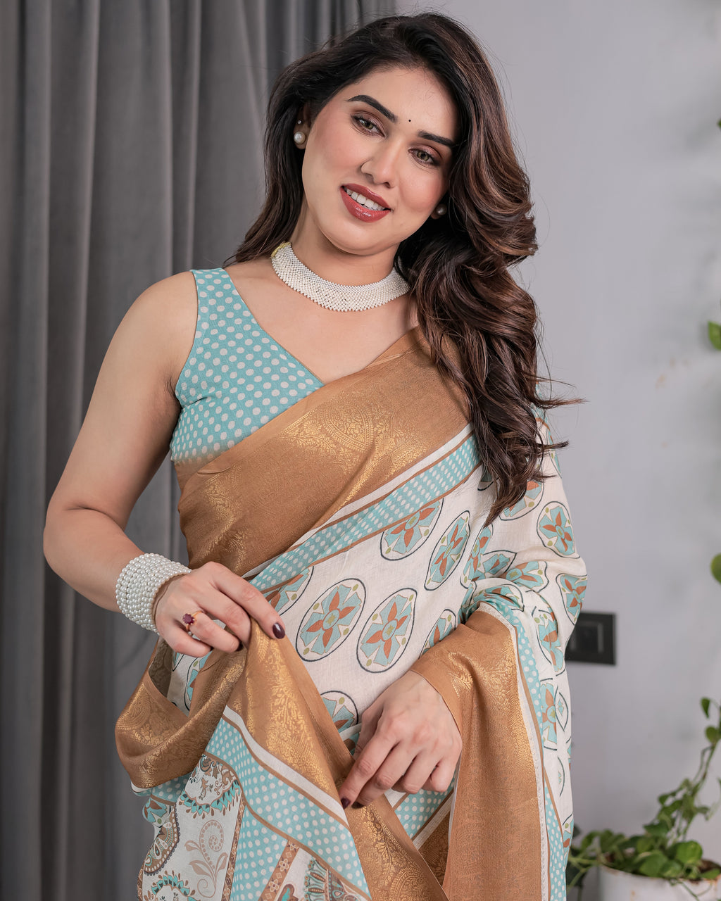 Ivory Handloom Linen Saree with Aqua Blue Mandala Motifs & Copper Zari Border | Artistic Printed Pallu & Tassels | 5.5m Saree + 0.8m Blouse