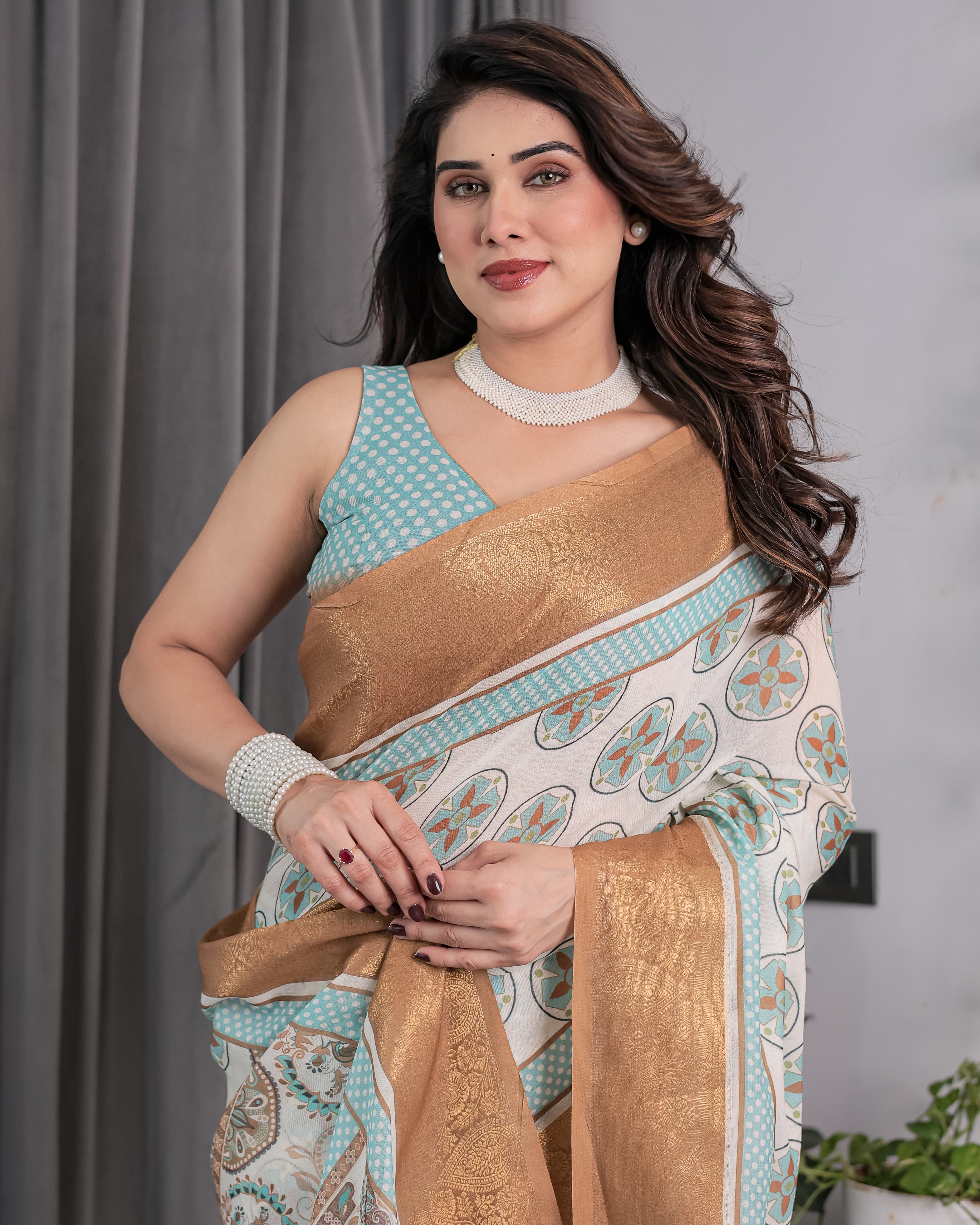 Ivory Handloom Linen Saree with Aqua Blue Mandala Motifs & Copper Zari Border | Artistic Printed Pallu & Tassels | 5.5m Saree + 0.8m Blouse