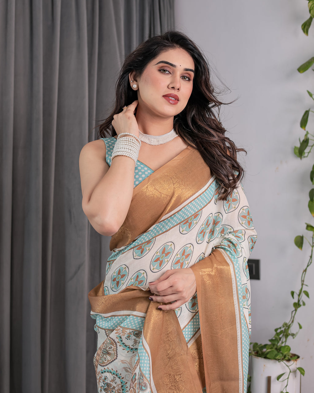 Ivory Handloom Linen Saree with Aqua Blue Mandala Motifs & Copper Zari Border | Artistic Printed Pallu & Tassels | 5.5m Saree + 0.8m Blouse