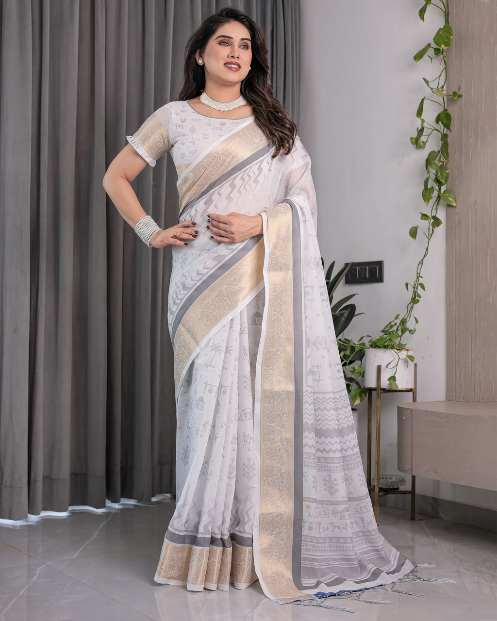 White & Grey Handloom Linen Saree with Tribal Village Print, Zari Borders & Tassel Pallu | 5.5m Saree + 0.8m Blouse