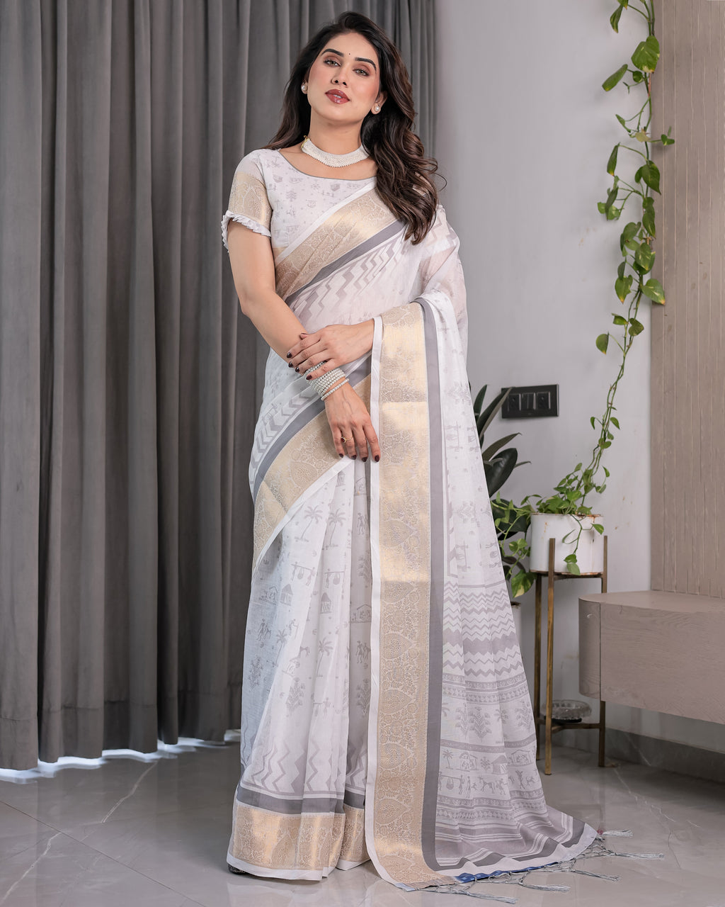 White & Grey Handloom Linen Saree with Tribal Village Print, Zari Borders & Tassel Pallu | 5.5m Saree + 0.8m Blouse