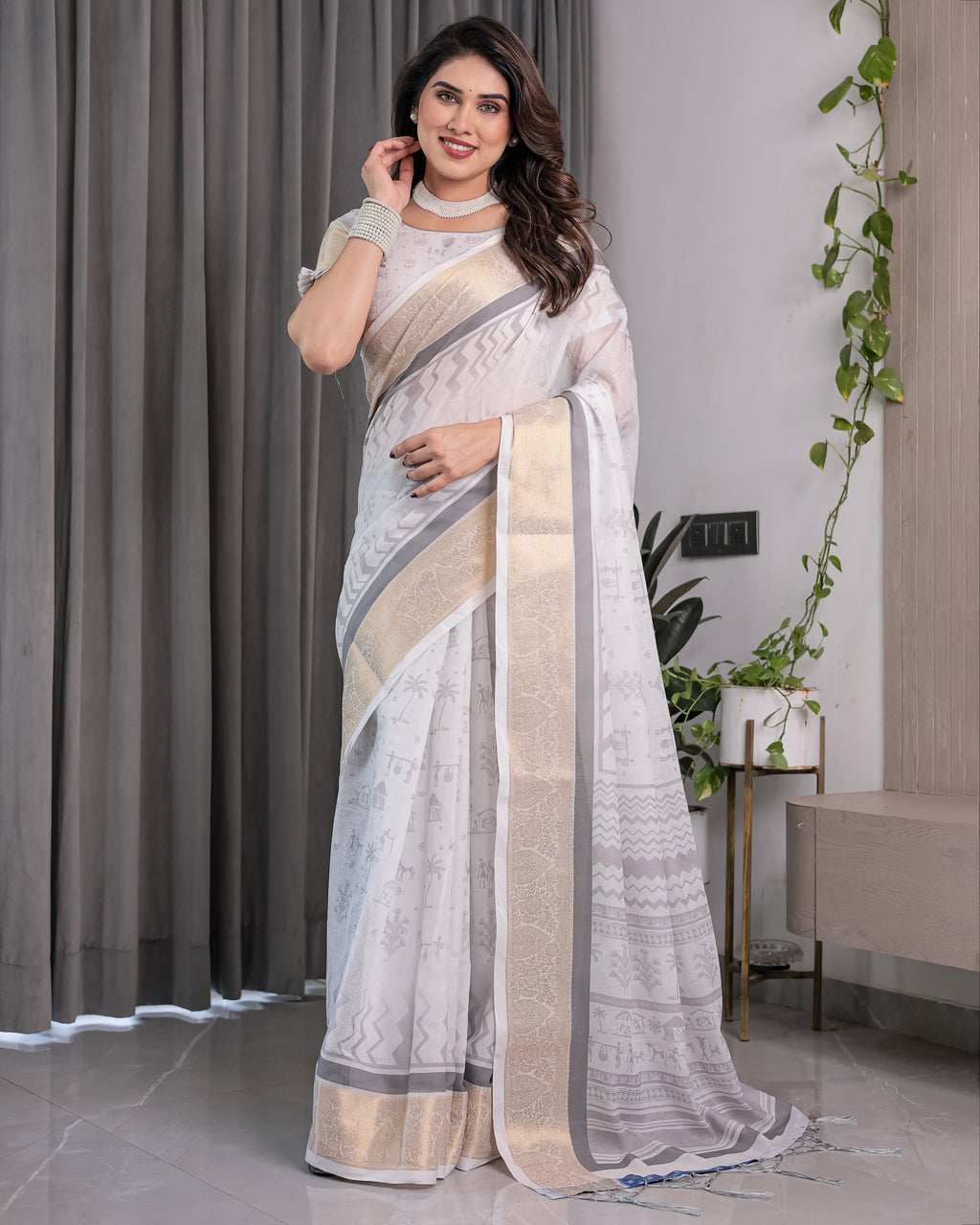White & Grey Handloom Linen Saree with Tribal Village Print, Zari Borders & Tassel Pallu | 5.5m Saree + 0.8m Blouse