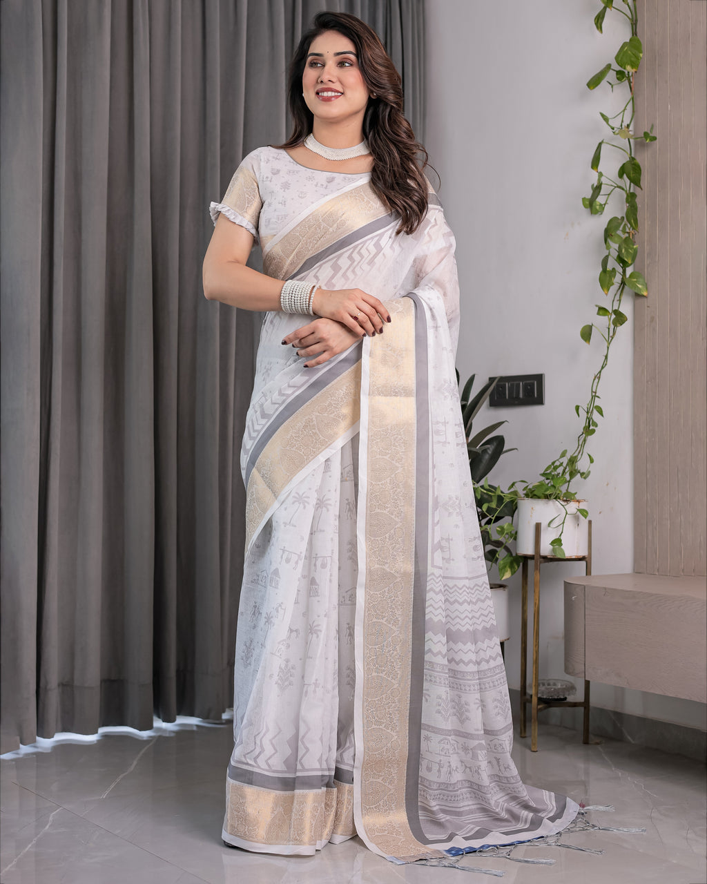 White & Grey Handloom Linen Saree with Tribal Village Print, Zari Borders & Tassel Pallu | 5.5m Saree + 0.8m Blouse