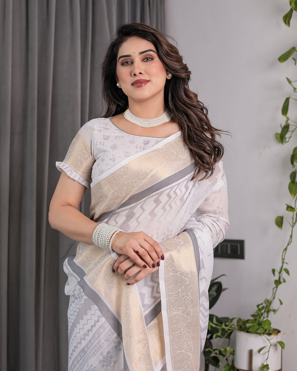 White & Grey Handloom Linen Saree with Tribal Village Print, Zari Borders & Tassel Pallu | 5.5m Saree + 0.8m Blouse