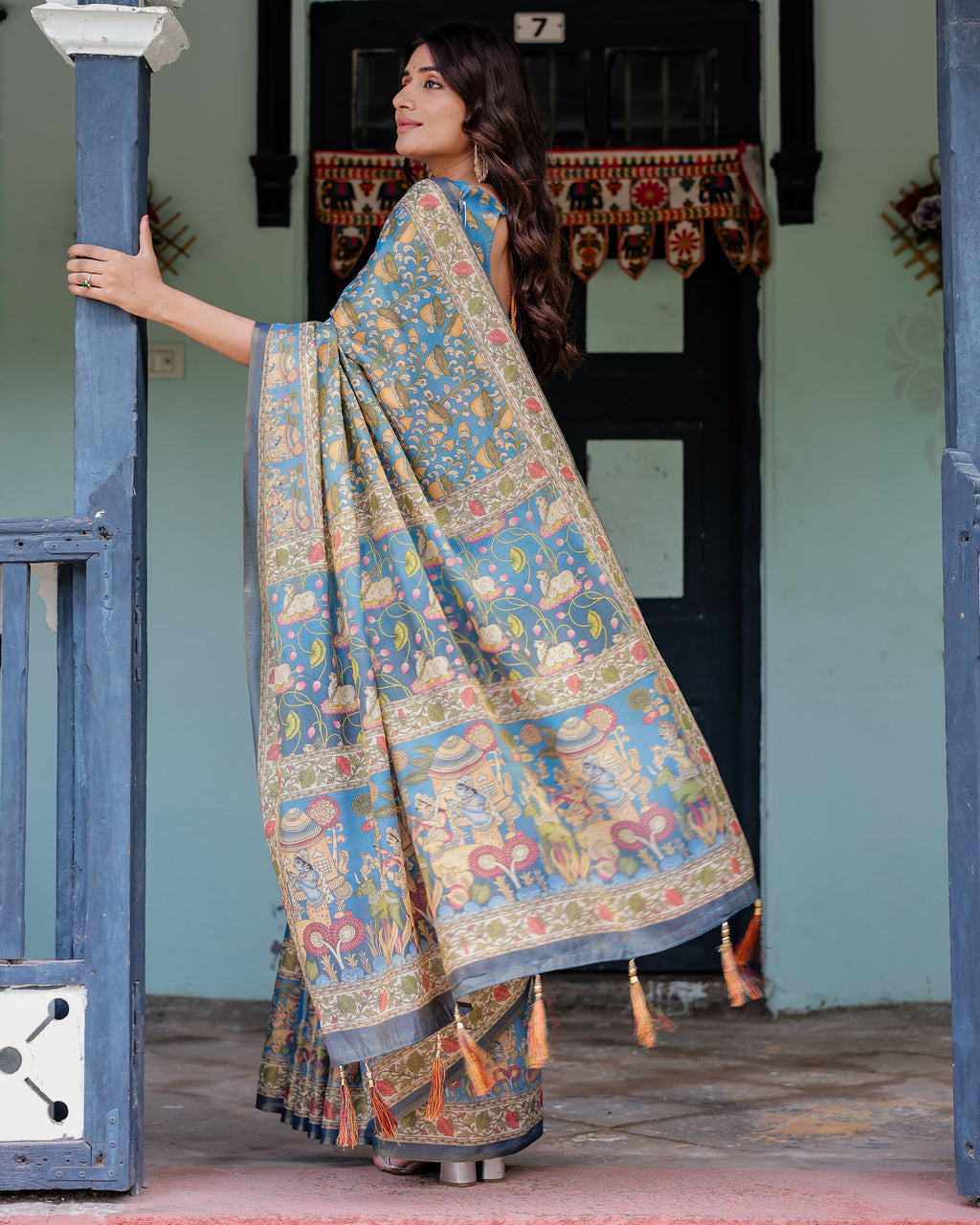 Divine Blue Handloom Cotton Saree with Shankh & Krishna Pallu Motifs – Temple Border & Tassels