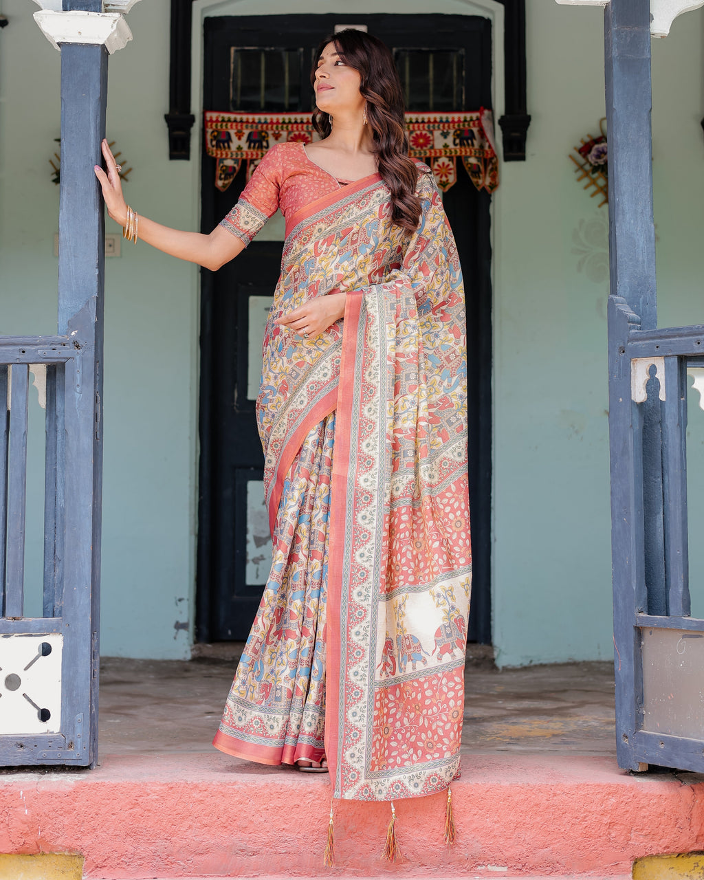 Rust Beige Handloom Cotton Saree with Vibrant Elephant Parade Print & Red Floral Pallu