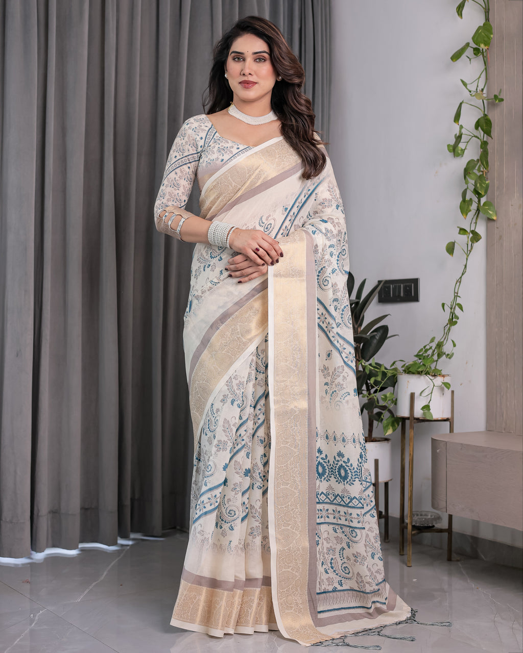 Ivory Beige Handloom Linen Saree with Teal Floral Buta & Paisley Border | Elegant Ethnic Printed Pallu & Zari Highlights | 5.5m Saree + 0.8m Blouse