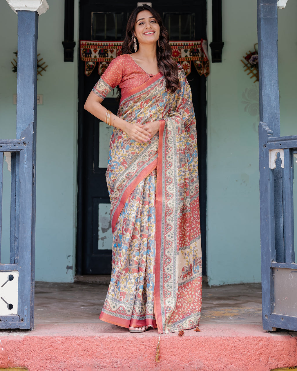 Rust Beige Handloom Cotton Saree with Vibrant Elephant Parade Print & Red Floral Pallu