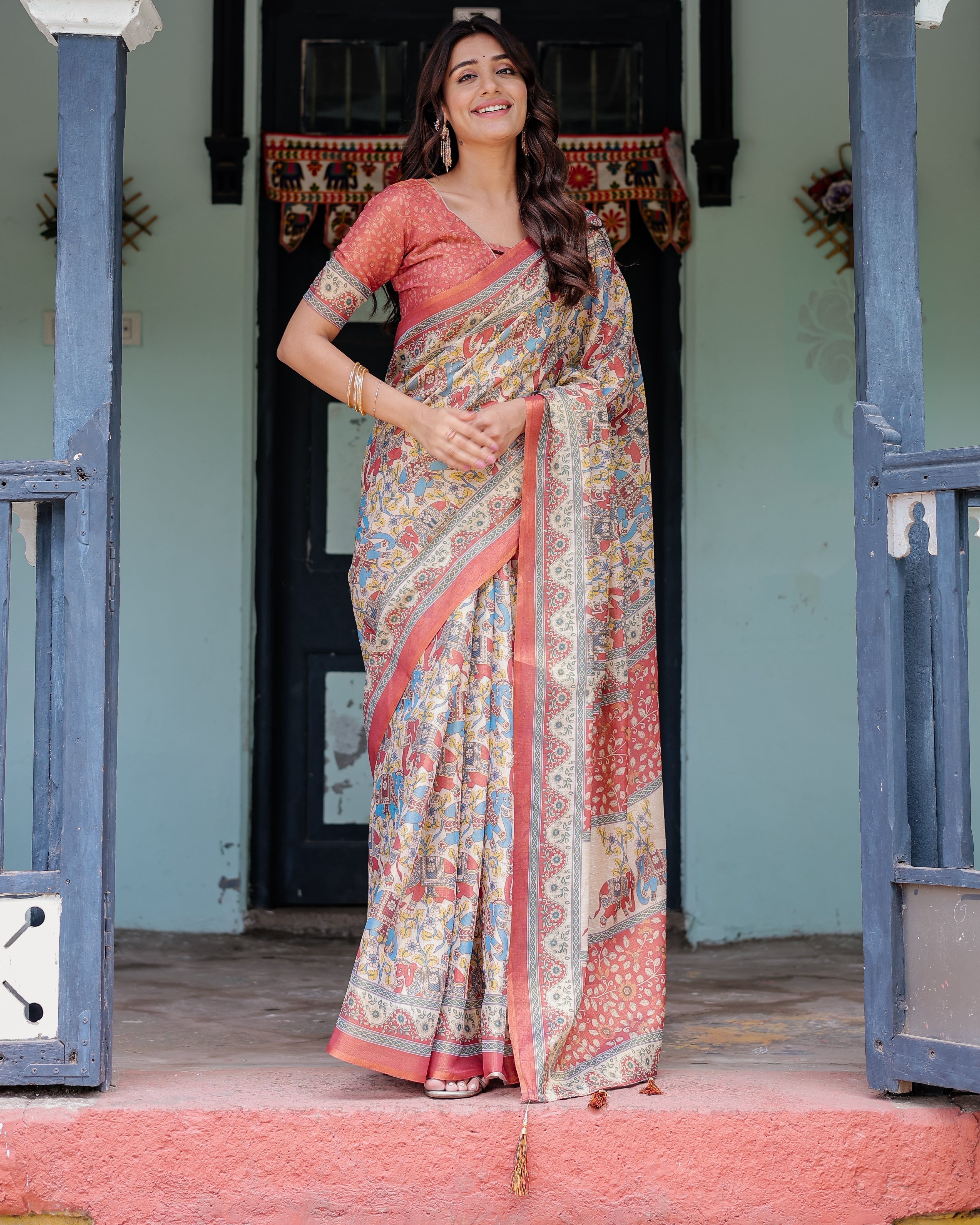 Rust Beige Handloom Cotton Saree with Vibrant Elephant Parade Print & Red Floral Pallu