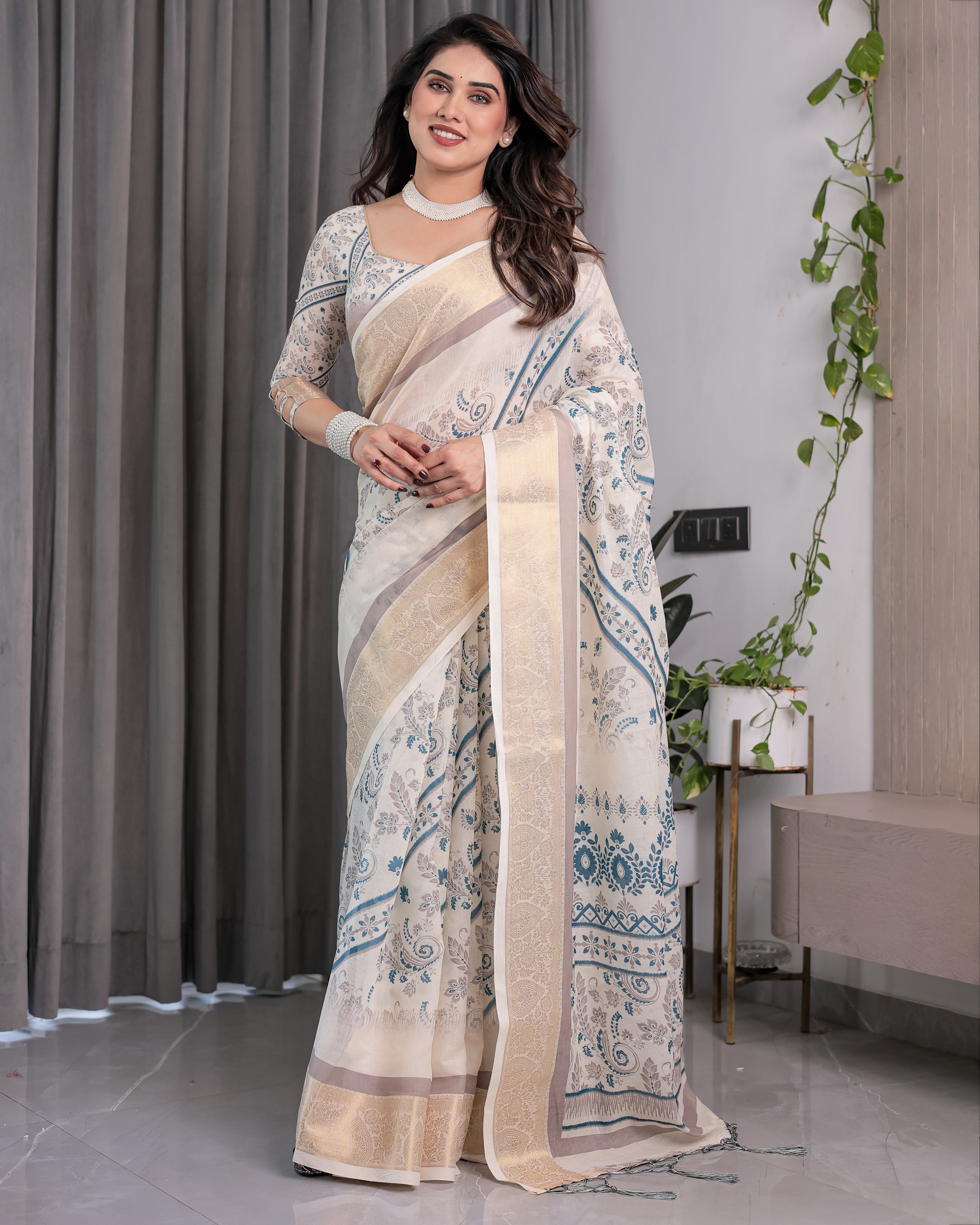 Ivory Beige Handloom Linen Saree with Teal Floral Buta & Paisley Border | Elegant Ethnic Printed Pallu & Zari Highlights | 5.5m Saree + 0.8m Blouse