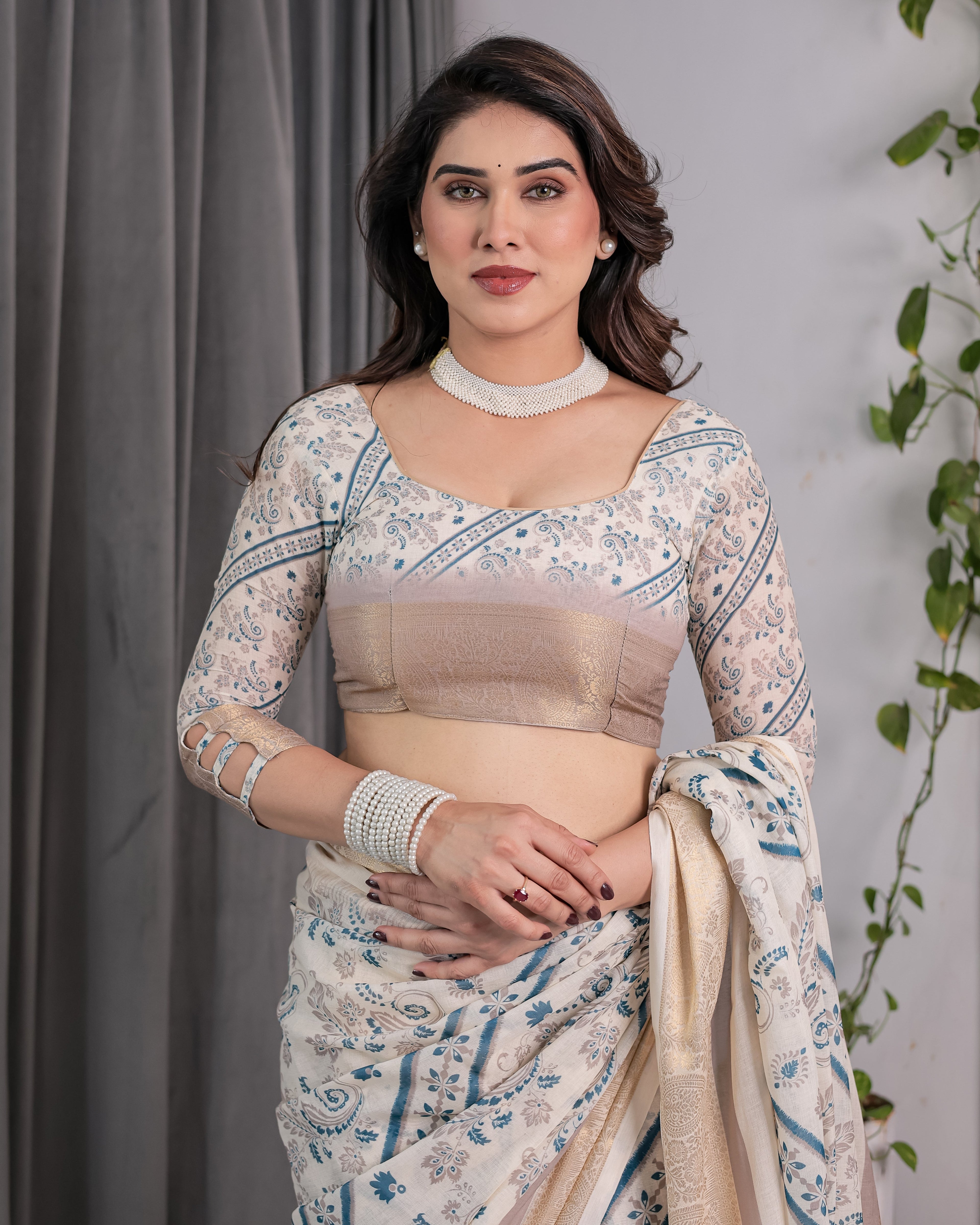 Ivory Beige Handloom Linen Saree with Teal Floral Buta & Paisley Border | Elegant Ethnic Printed Pallu & Zari Highlights | 5.5m Saree + 0.8m Blouse